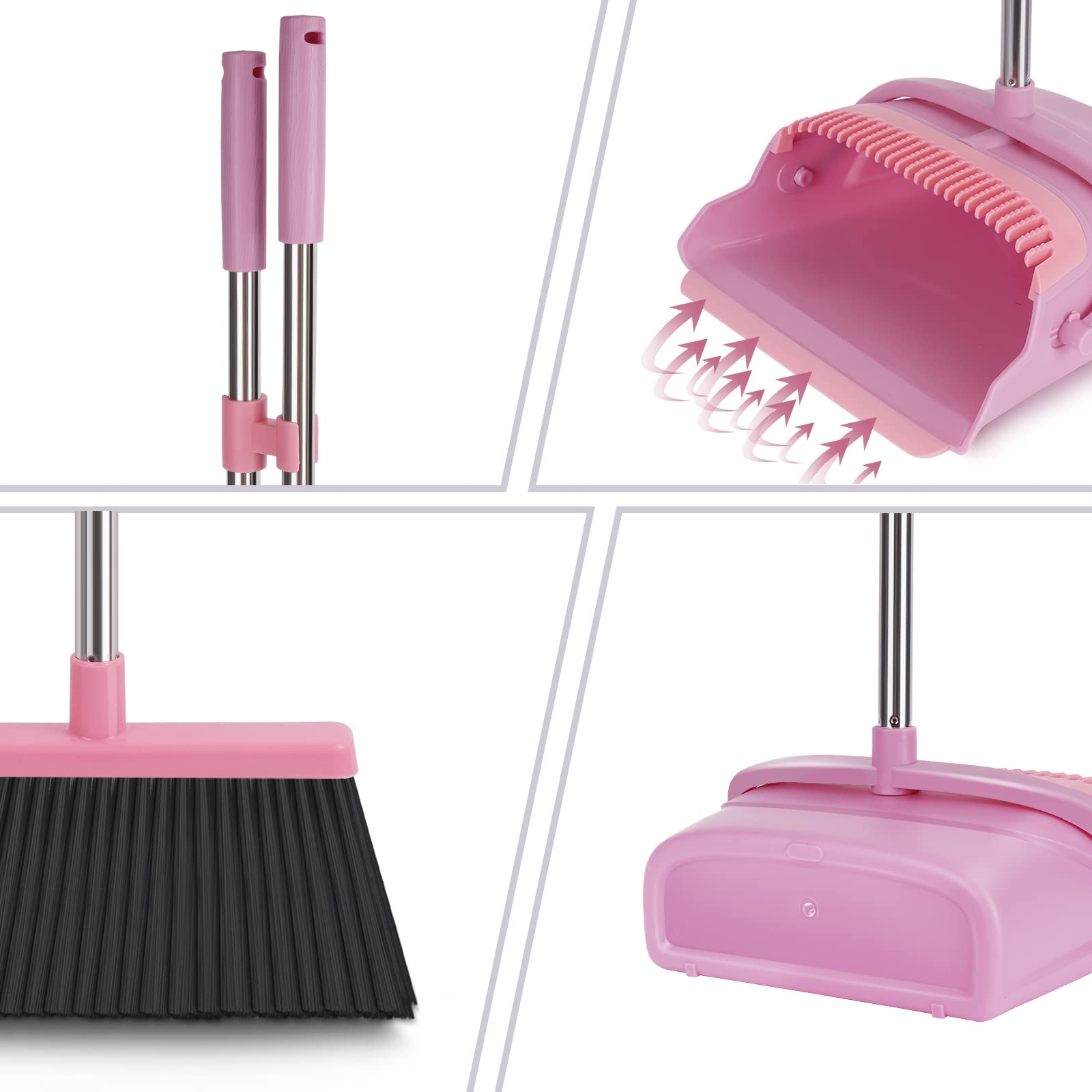 Upgrade Broom and Dustpan Set, Self-Cleaning with Dustpan Teeth, Indoor&Outdoor Sweeping, Ideal for Dog Cat Pets Home Use, Stand Up Broom and Dustpan (Gray&Orange)