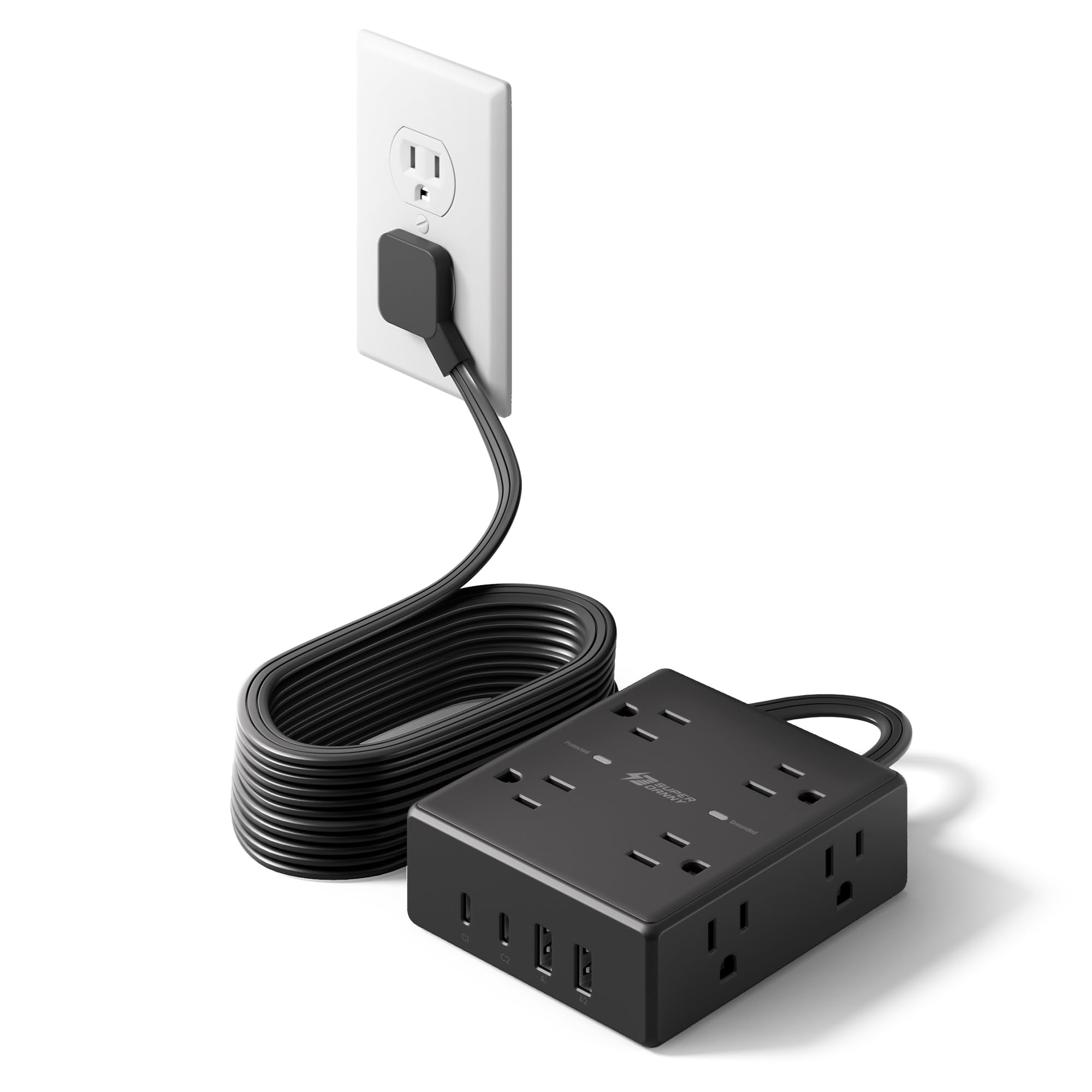 10Ft Extension Cord with Multiple Outlets, Flat Plug Surge Protector Power Strip 10 Ft Long Cord, 8 Outlets & 4 USB Ports (2 USB C), Desk Charging Station for Home Office, College Dorm Room Essentials
