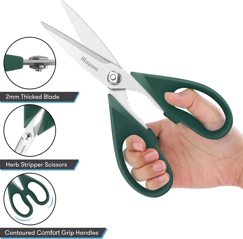 iBayam Kitchen Scissors All Purpose Heavy Duty 2 Pack with Protective Sheath, Stainless Steel Shears Kitchen Utensils Set for Cutting Food Cooking Meat Poultry Dishwasher Safe Soft Comfort-Grip