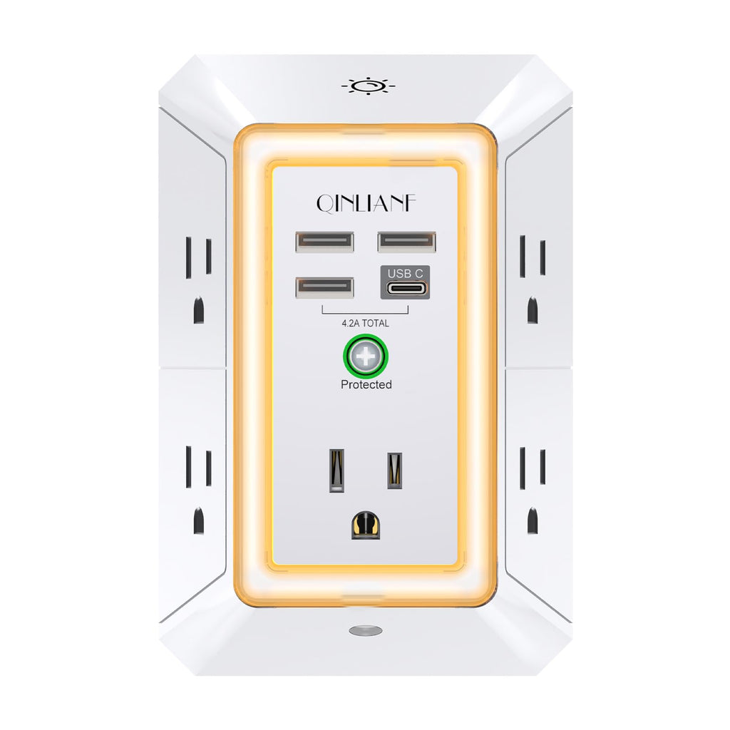 Wall Charger, Surge Protector, QINLIANF 5 Outlet Extender with 4 USB Charging Ports, 3-Sided 1680J Power Strip Multi Plug Adapter Spaced for Home Travel Office
