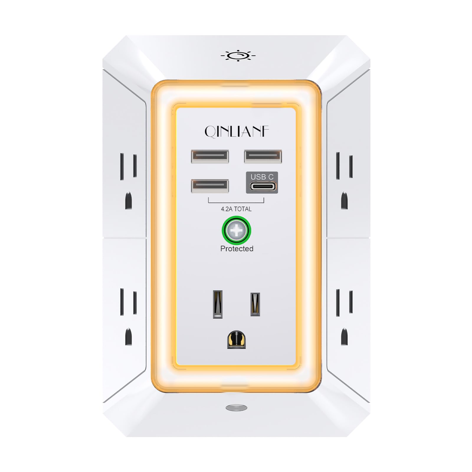 Wall Charger, Surge Protector, QINLIANF 5 Outlet Extender with 4 USB Charging Ports, 3-Sided 1680J Power Strip Multi Plug Adapter Spaced for Home Travel Office