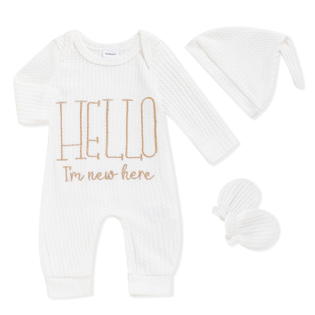 GRNSHTS Newborn Baby Boy Romper Coming Home Outfits Letter Print Bodysuit Jumpsuit+Hat+Gloves 3PCS Clothes Set