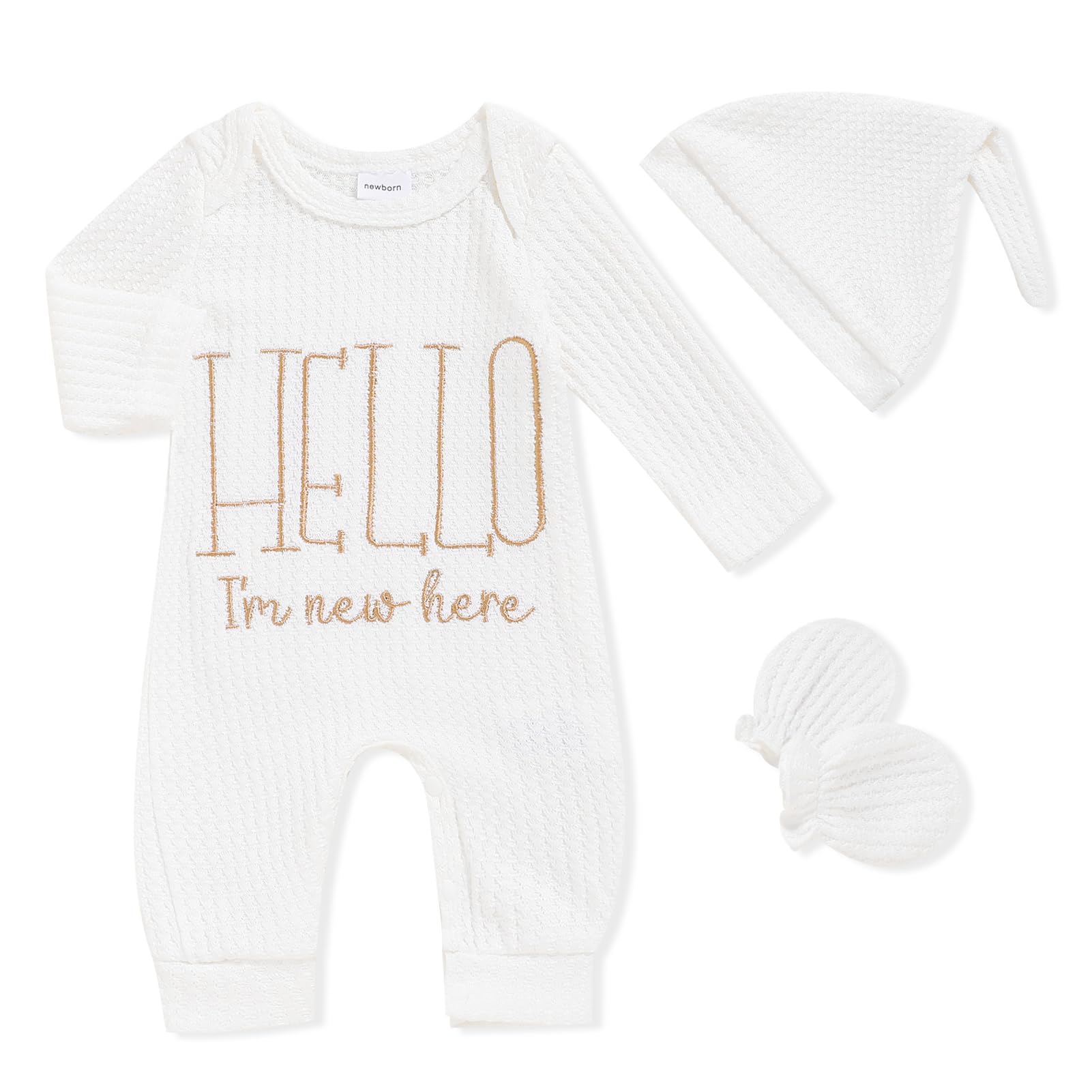GRNSHTS Newborn Baby Boy Romper Coming Home Outfits Letter Print Bodysuit Jumpsuit+Hat+Gloves 3PCS Clothes Set