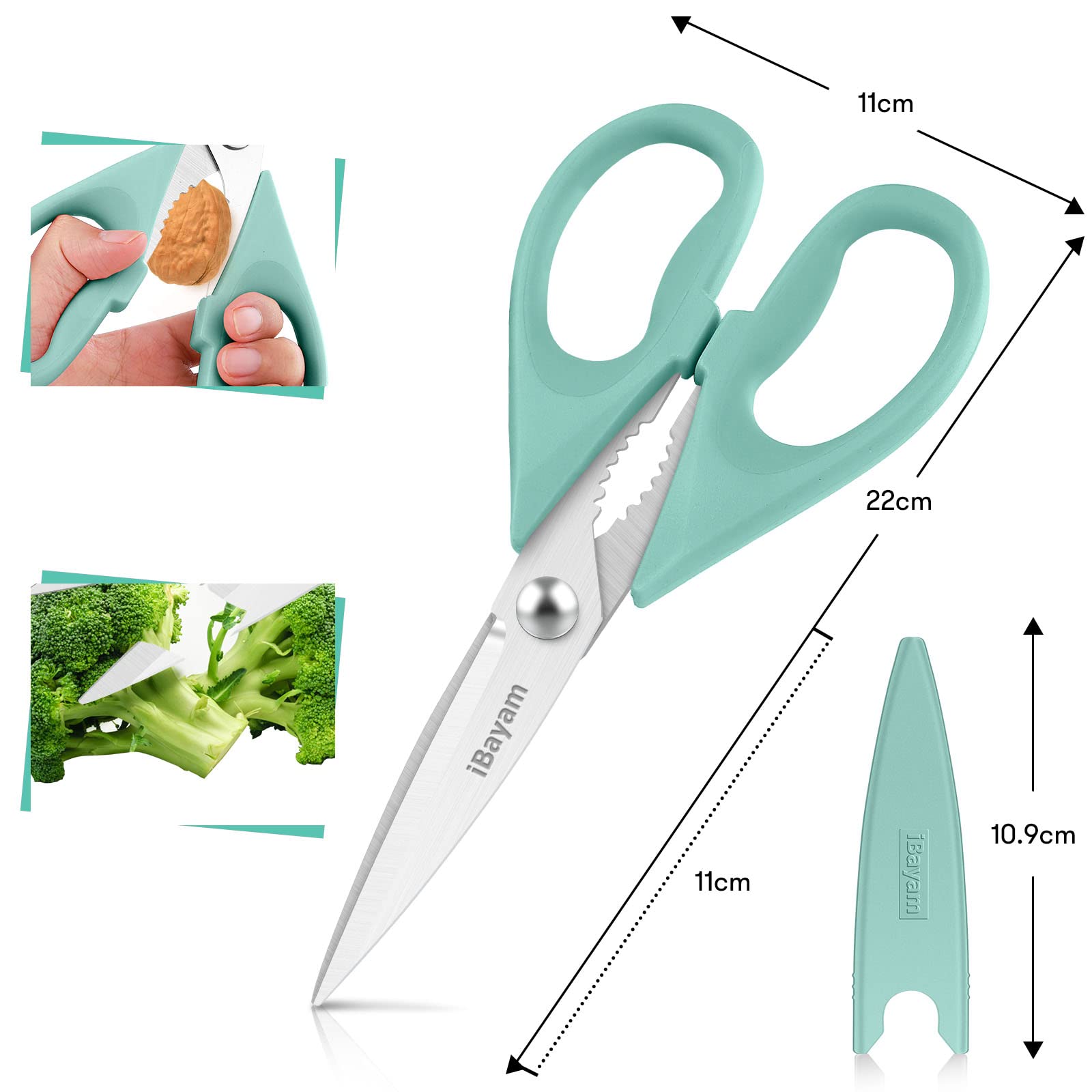 iBayam Kitchen Scissors All Purpose Heavy Duty 2 Pack with Protective Sheath, Stainless Steel Shears Kitchen Utensils Set for Cutting Food Cooking Meat Poultry Dishwasher Safe Soft Comfort-Grip