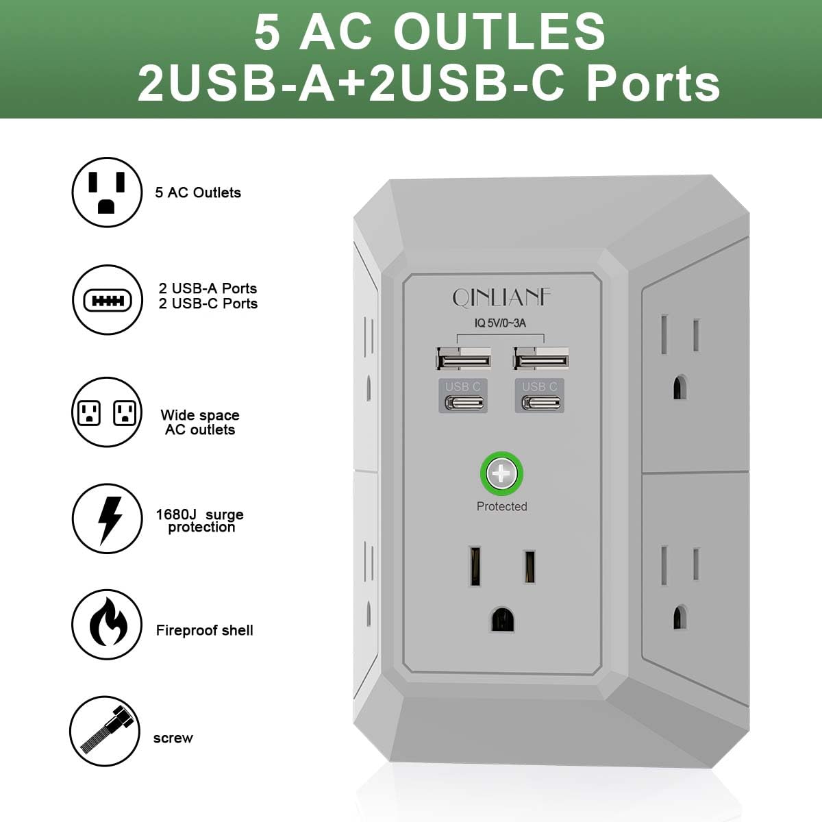 Wall Charger, Surge Protector, QINLIANF 5 Outlet Extender with 4 USB Charging Ports, 3-Sided 1680J Power Strip Multi Plug Adapter Spaced for Home Travel Office