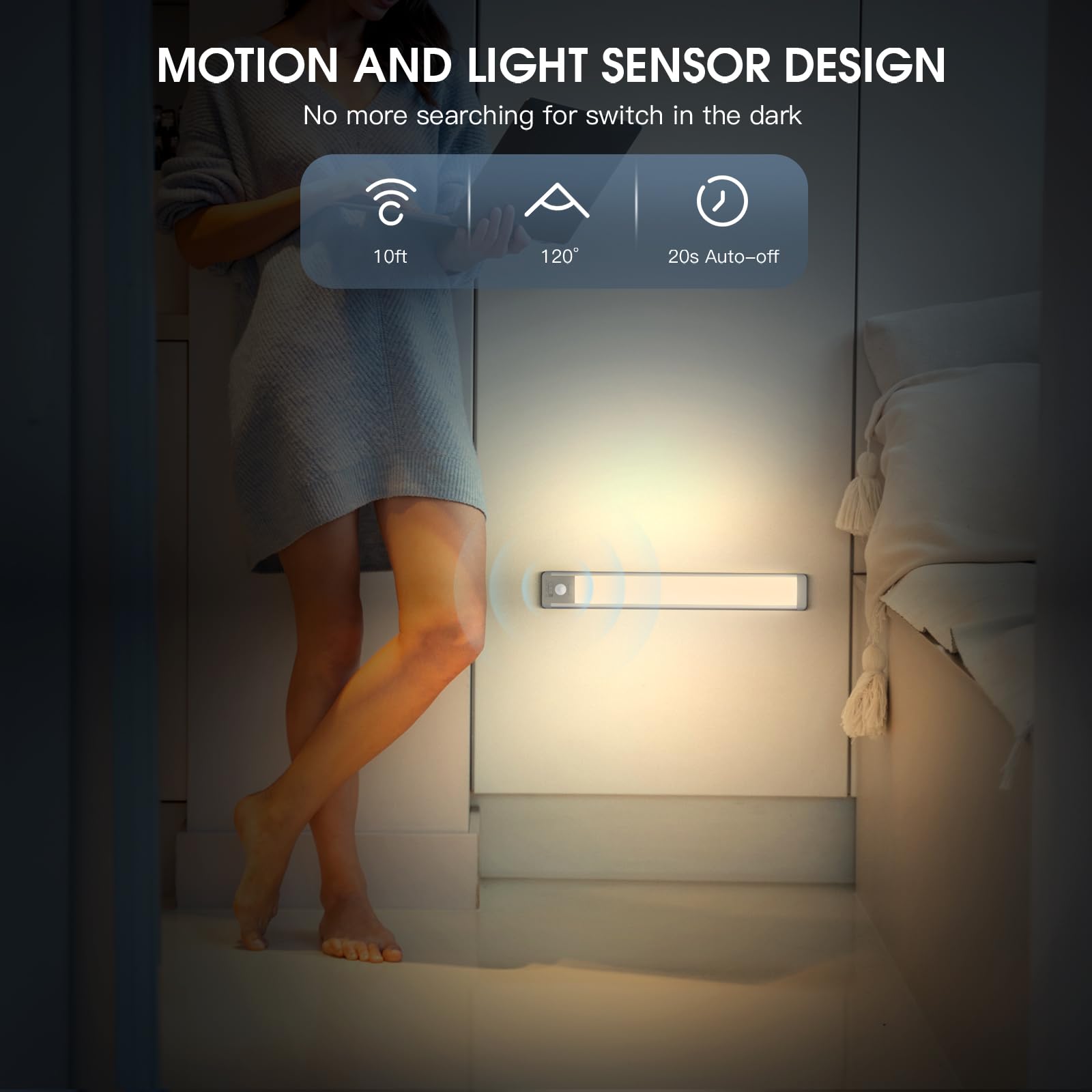 Under Cabinet Lighting, 14.7" Rechargeable Motion Sensor Light Indoor, 2 Pack Magnetic Dimmable Closet Lights, Wireless Under Counter Lights for Kitchen, Stairs,Hallway