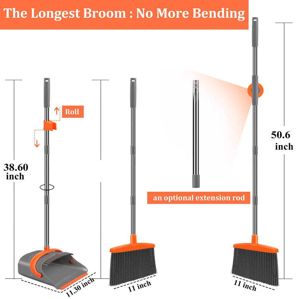 Ivandar Broom and Dustpan Set for Home, Dust pan with Long Handle, Broom with Dustpan Combo Set, for Home Kitchen Room Office Lobby Floor Use Upright Stand Up Sweeping (Gray&Green)