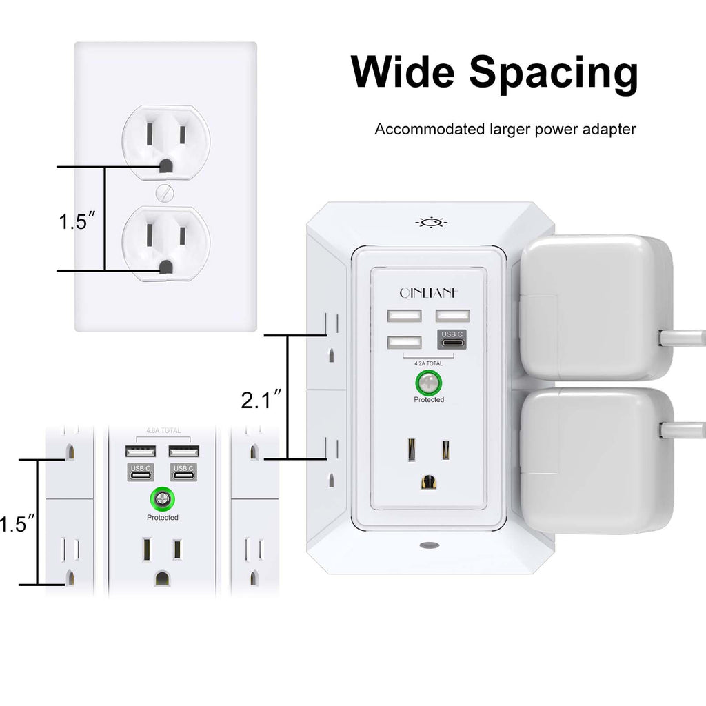 Wall Charger, Surge Protector, QINLIANF 5 Outlet Extender with 4 USB Charging Ports, 3-Sided 1680J Power Strip Multi Plug Adapter Spaced for Home Travel Office
