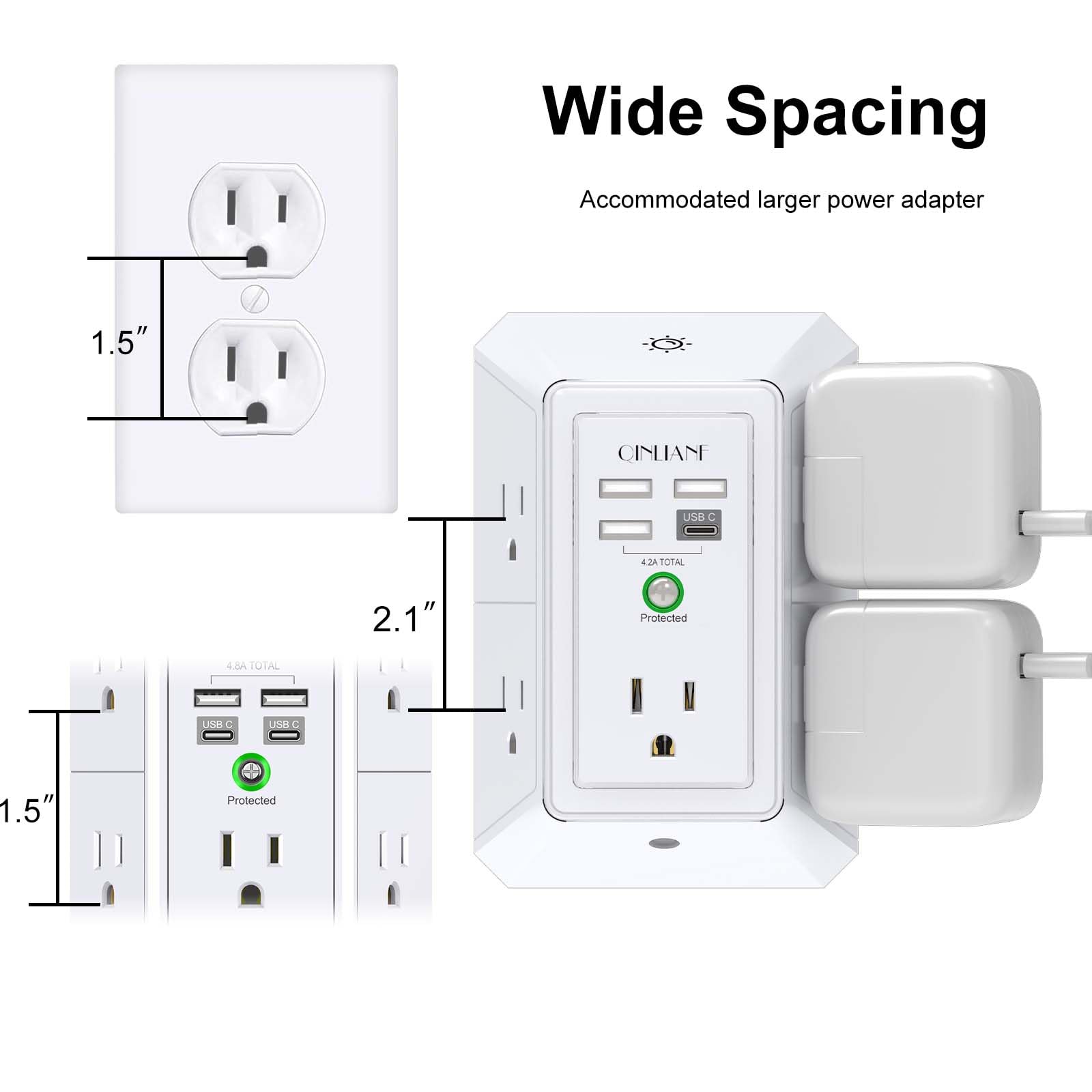 Wall Charger, Surge Protector, QINLIANF 5 Outlet Extender with 4 USB Charging Ports, 3-Sided 1680J Power Strip Multi Plug Adapter Spaced for Home Travel Office