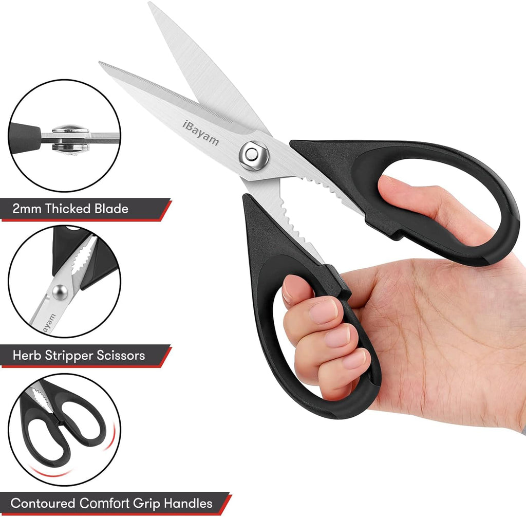 iBayam Kitchen Scissors All Purpose Heavy Duty 2 Pack with Protective Sheath, Stainless Steel Shears Kitchen Utensils Set for Cutting Food Cooking Meat Poultry Dishwasher Safe Soft Comfort-Grip