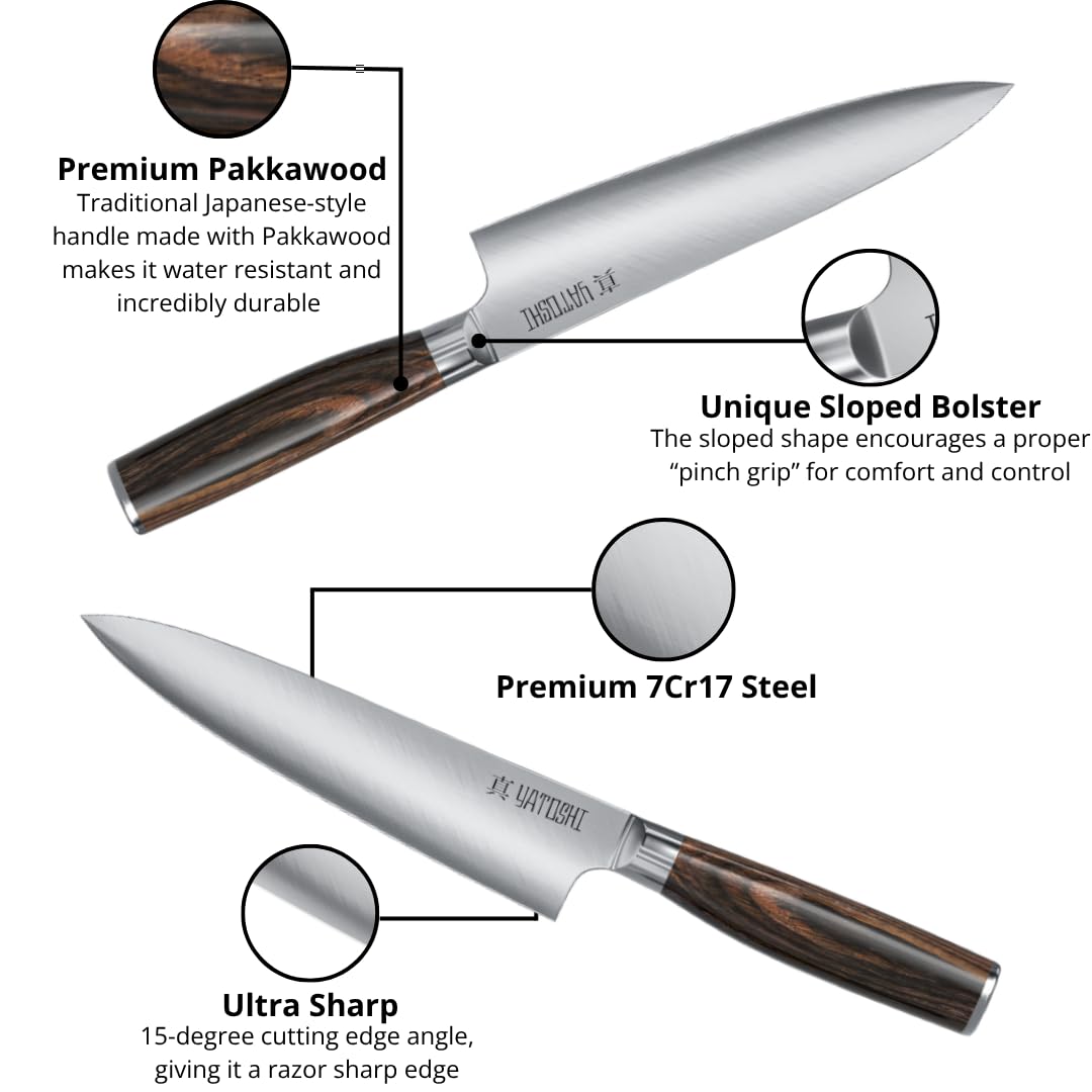 Yatoshi Professional Kitchen Knife Set, 15 Pieces, High Carbon Stainless Steel, Ergonomic Handle