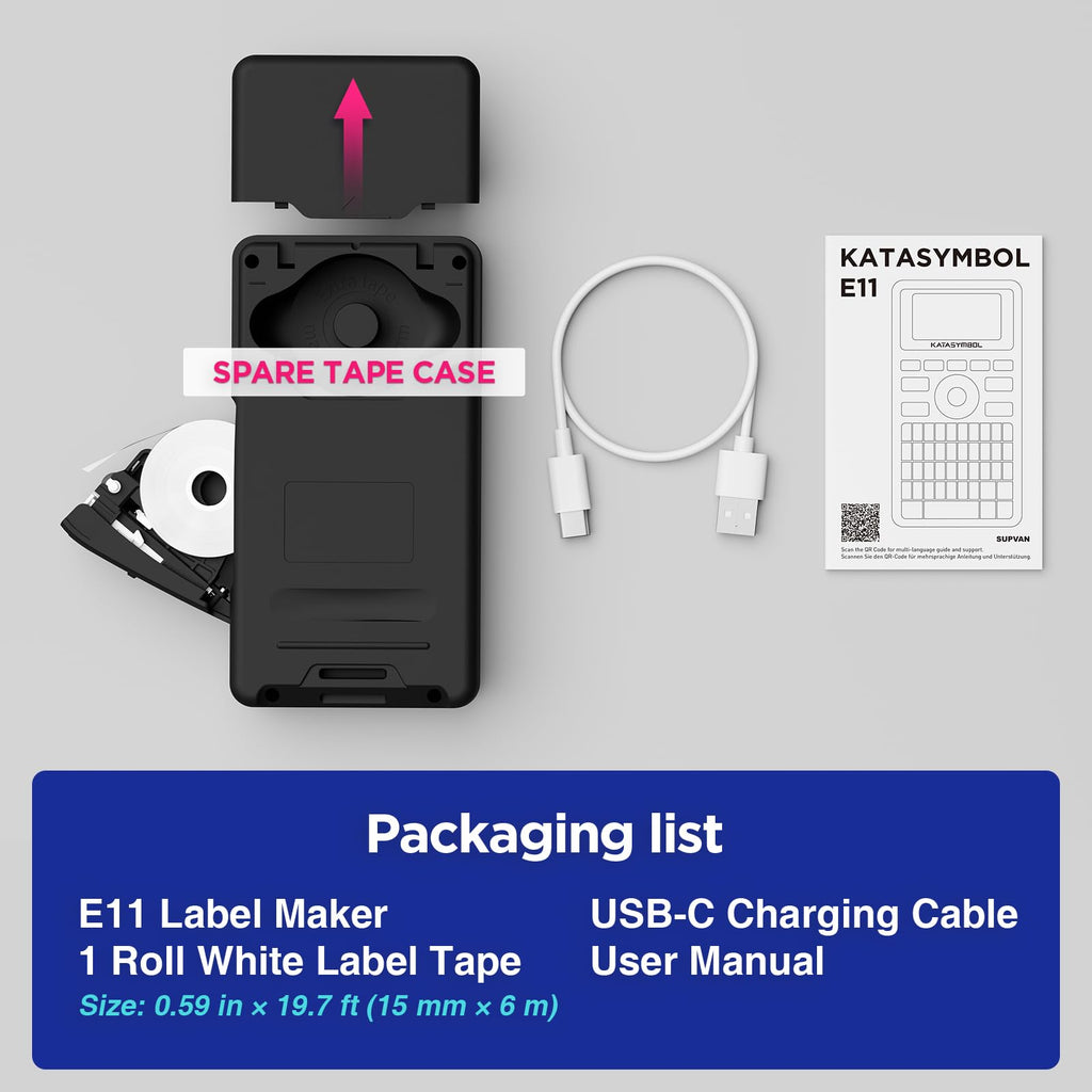 SUPVAN E11 Bluetooth Label Maker Machine with 4 Tapes, Support Keyboard & App with 30+ Fonts and 660+ Icons, Rechargeable Inkless Labeler for Home, Kitchen, Office, School, Organization, Black