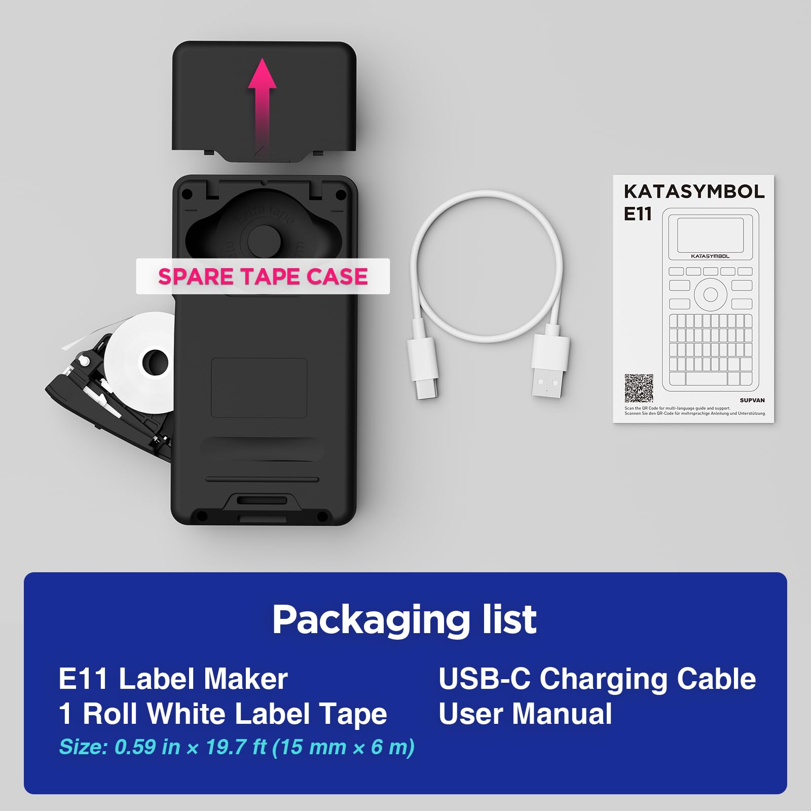 SUPVAN E11 Bluetooth Label Maker Machine with 4 Tapes, Support Keyboard & App with 30+ Fonts and 660+ Icons, Rechargeable Inkless Labeler for Home, Kitchen, Office, School, Organization, Black