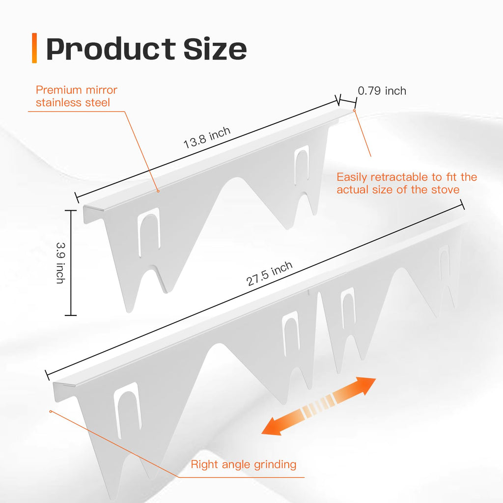Stainless Steel Stove Gap Covers,Stove Gap Filler, Range Trim Kit, Stove Gap Guards, Heat Resistant and Easy to Clean, Easy retractable Length 13.8" to 27.5", Width 0.79",Black(2PCS)