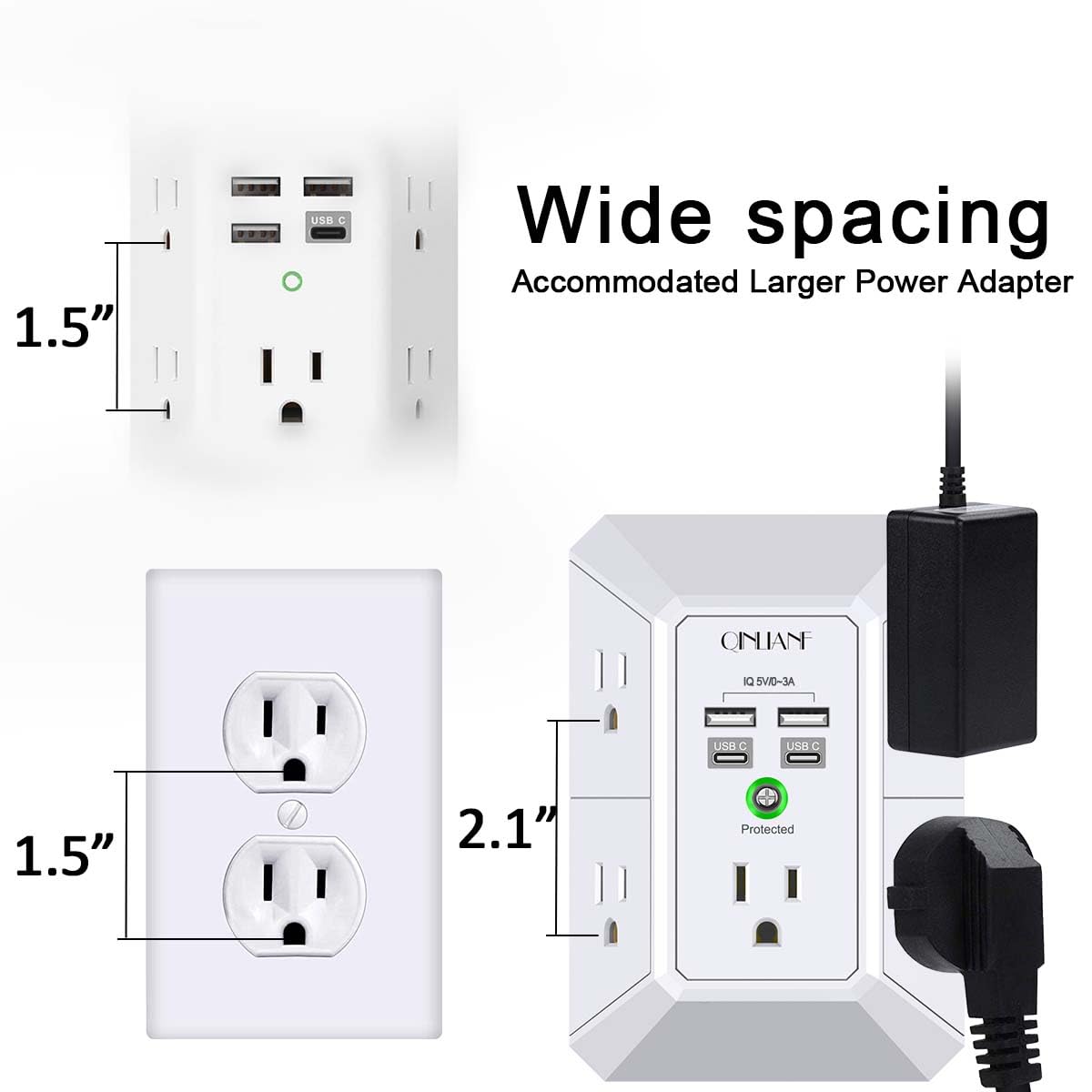 Wall Charger, Surge Protector, QINLIANF 5 Outlet Extender with 4 USB Charging Ports, 3-Sided 1680J Power Strip Multi Plug Adapter Spaced for Home Travel Office