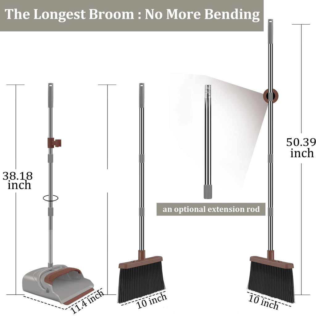 Upgrade Broom and Dustpan Set, Self-Cleaning with Dustpan Teeth, Indoor&Outdoor Sweeping, Ideal for Dog Cat Pets Home Use, Stand Up Broom and Dustpan (Gray&Orange)
