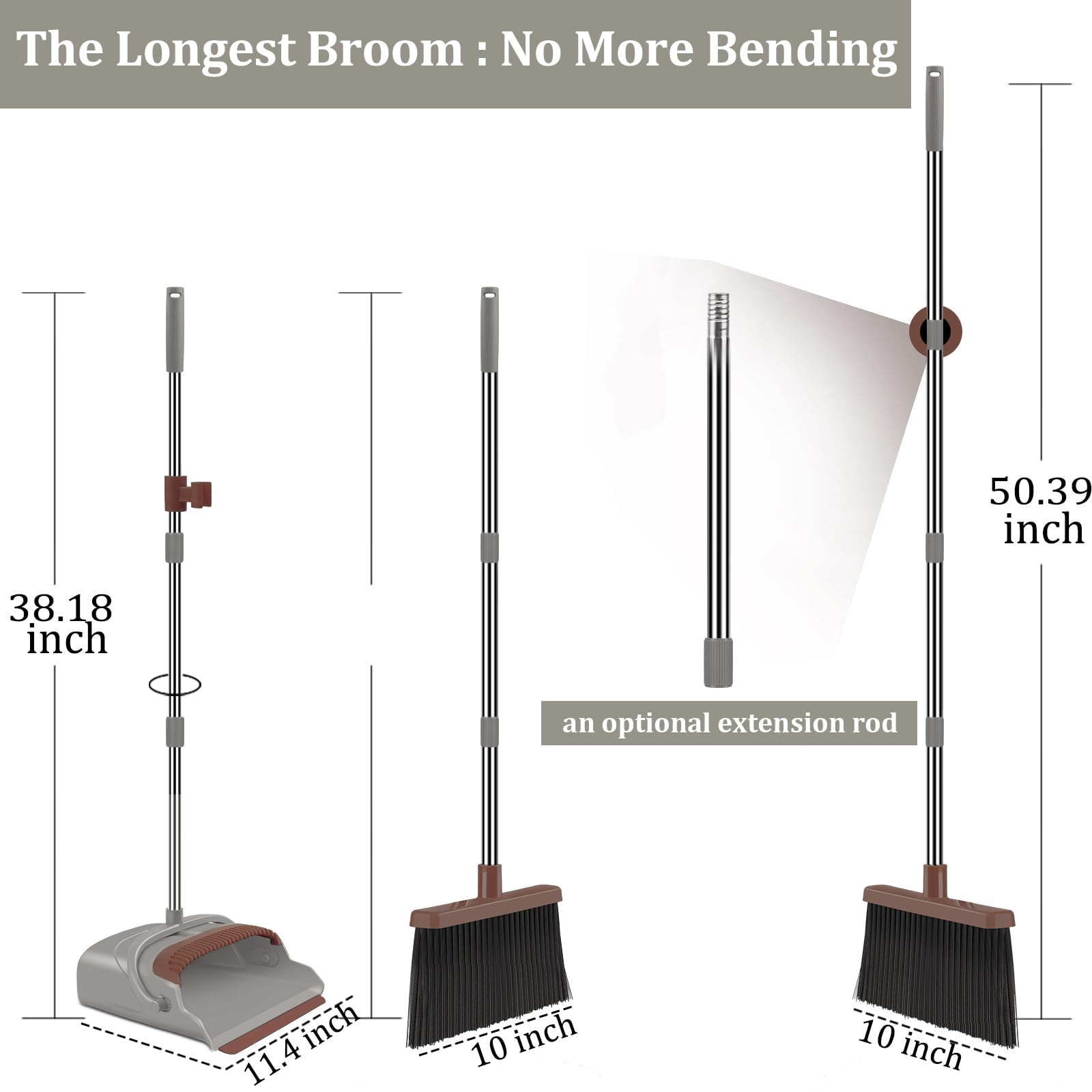 Upgrade Broom and Dustpan Set, Self-Cleaning with Dustpan Teeth, Indoor&Outdoor Sweeping, Ideal for Dog Cat Pets Home Use, Stand Up Broom and Dustpan (Gray&Orange)