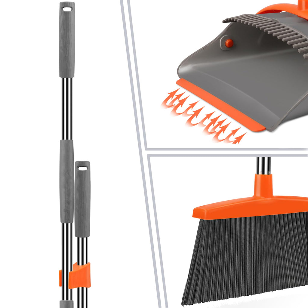 Ivandar Broom and Dustpan Set for Home, Dust pan with Long Handle, Broom with Dustpan Combo Set, for Home Kitchen Room Office Lobby Floor Use Upright Stand Up Sweeping (Gray&Green)