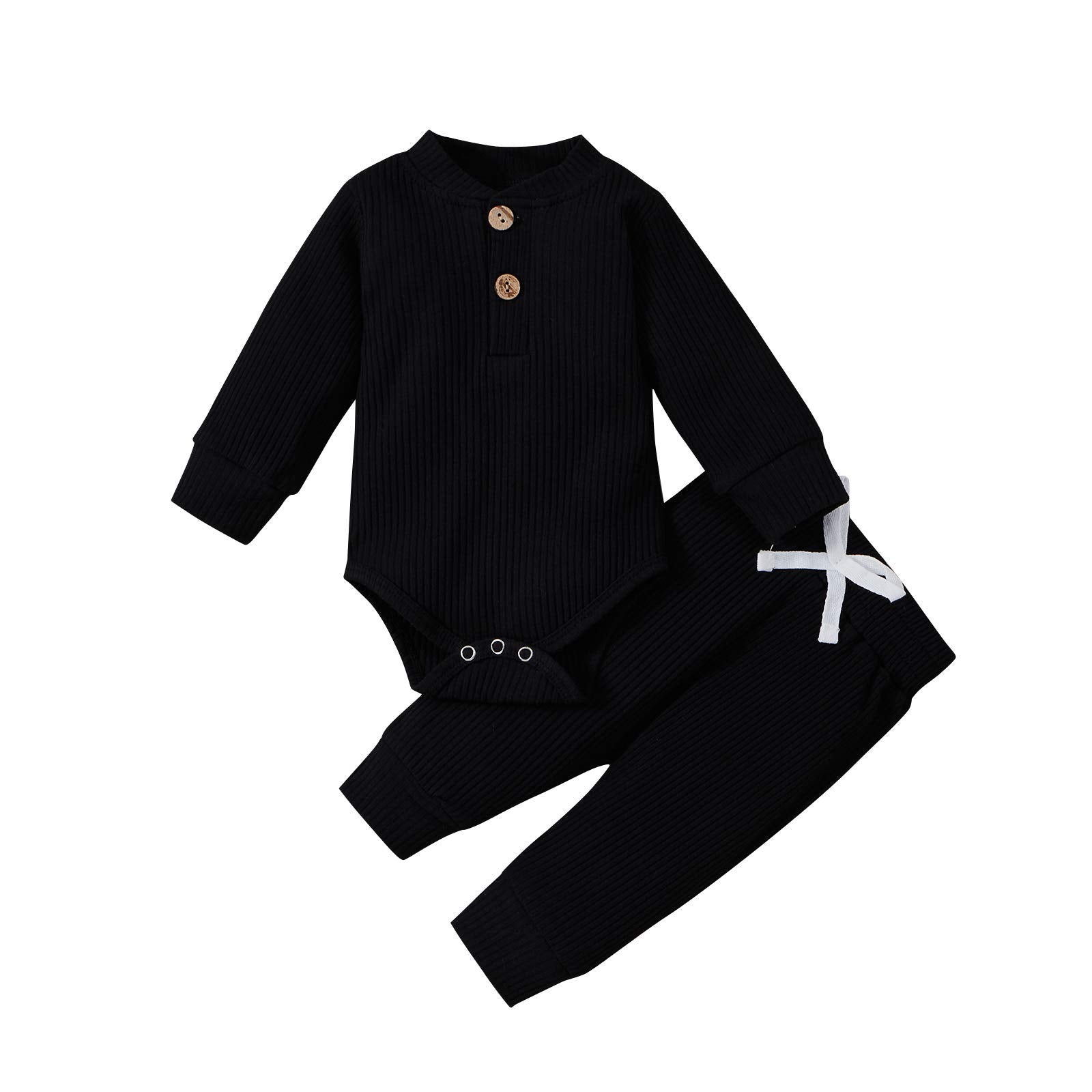 Newborn Baby Boy Girl Clothes Ribbed Knitted Cotton Long Sleeve Romper Long Pants Solid Color Fall Winter Outfits