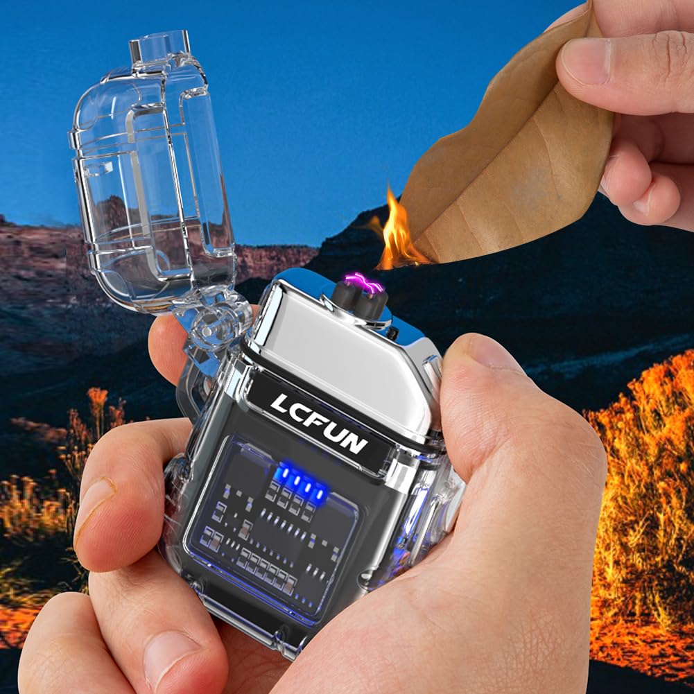 LcFun Electric Dual Arc Lighter USB Rechargeable Outdoor Windproof Flameless Plasma Lighters for Camping, Hiking, Waterproof Matches Survival Tactical Gear Birthday Gifts for Men