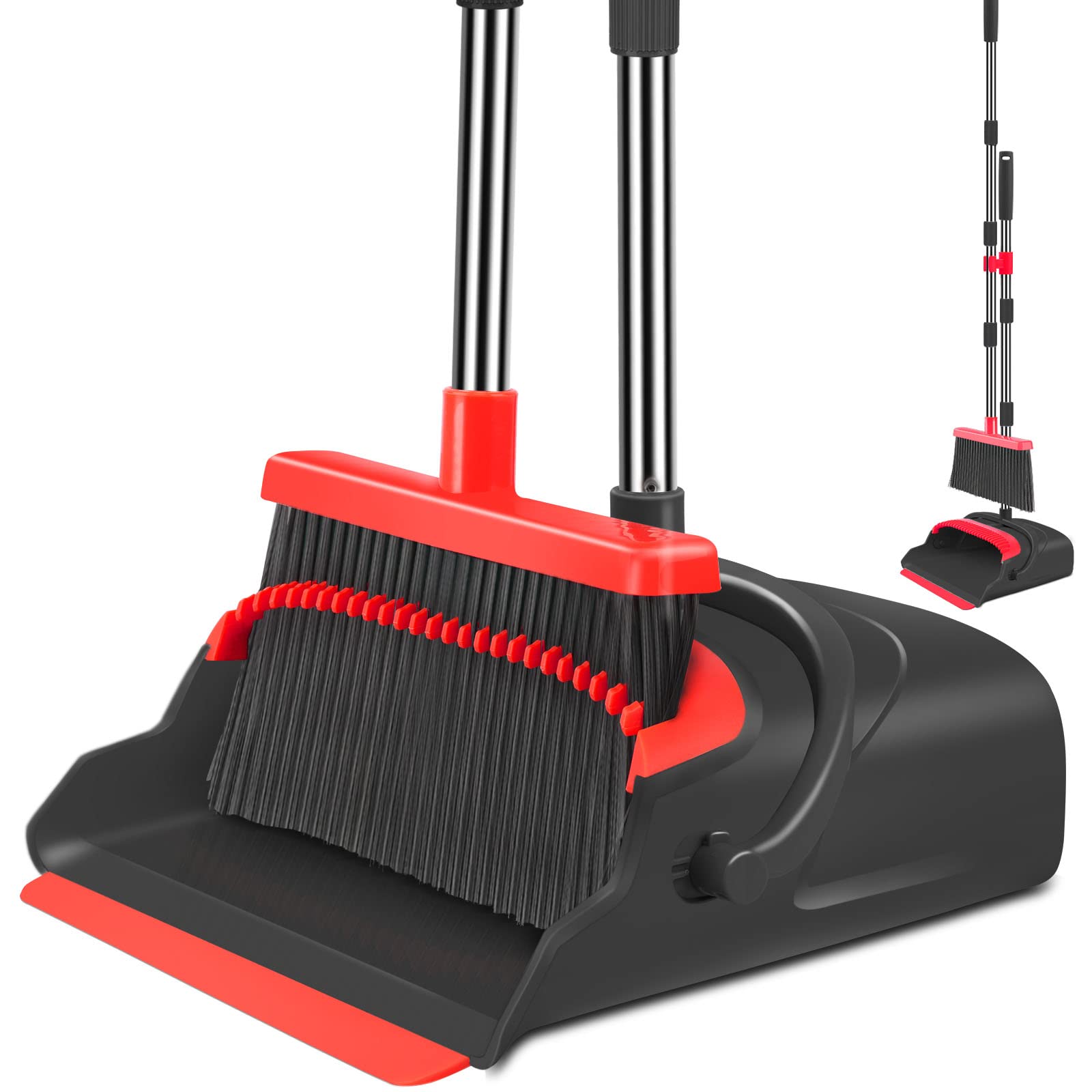 Upgrade Broom and Dustpan Set, Self-Cleaning with Dustpan Teeth, Indoor&Outdoor Sweeping, Ideal for Dog Cat Pets Home Use, Stand Up Broom and Dustpan (Gray&Orange)