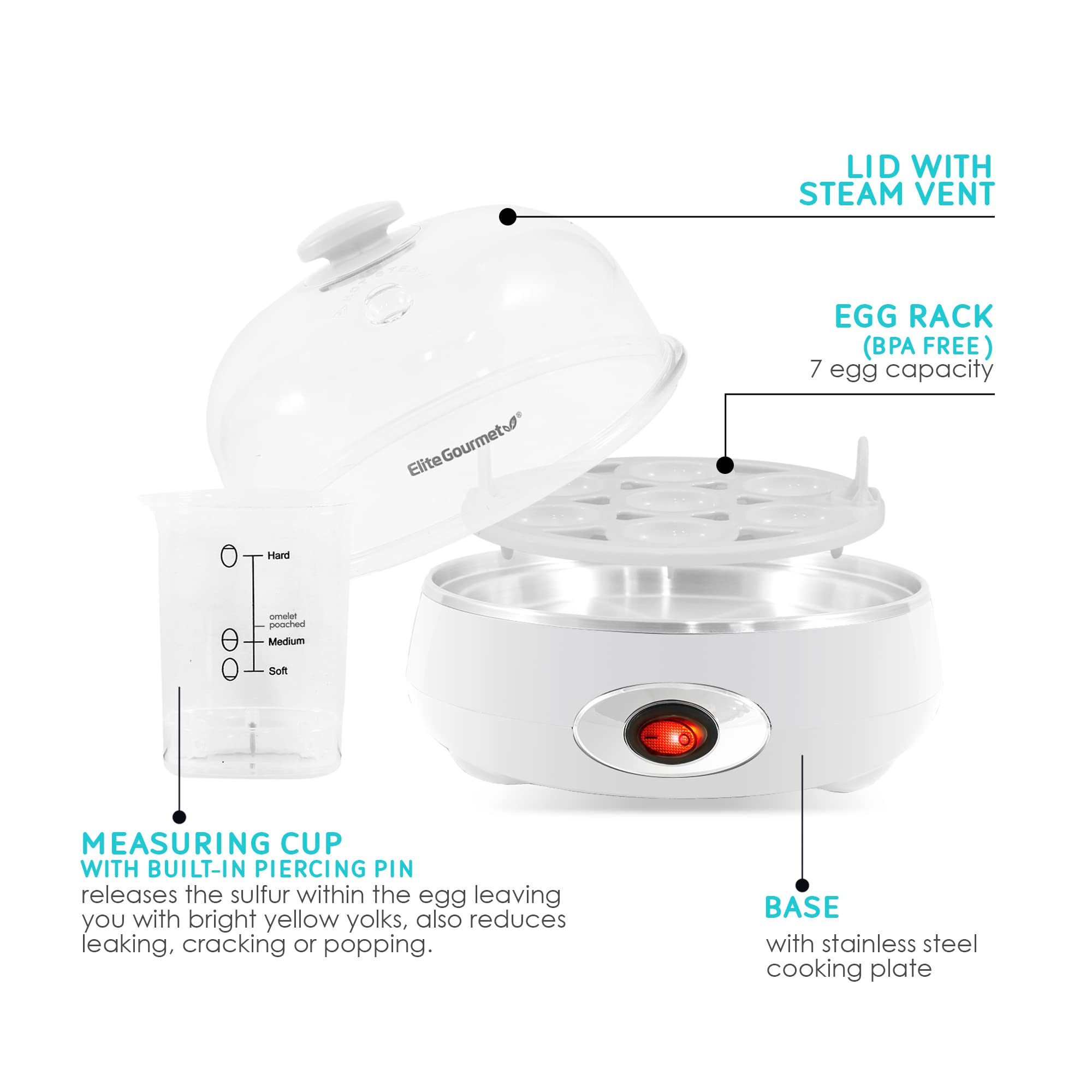 Elite Gourmet EGC115M Easy Egg Cooker Electric 7-Egg Capacity, Soft, Medium, Hard-Boiled Egg Cooker with Auto Shut-Off, Measuring Cup Included, BPA Free, Retro Mint