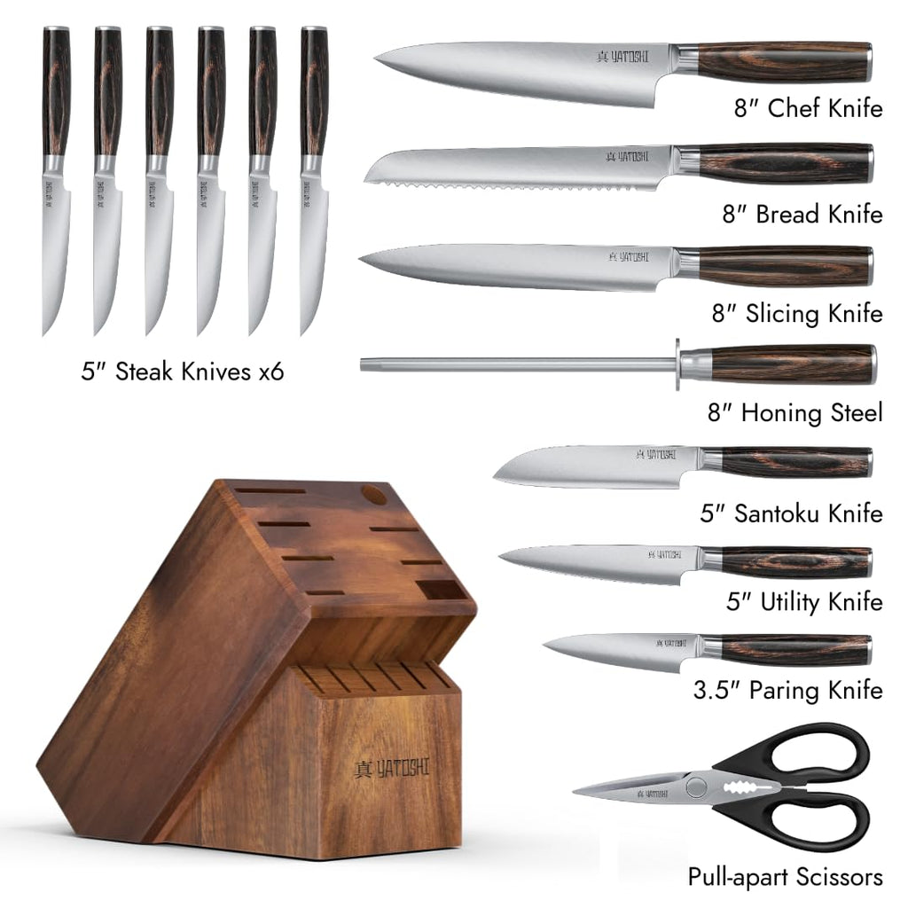 Yatoshi Professional Kitchen Knife Set, 15 Pieces, High Carbon Stainless Steel, Ergonomic Handle