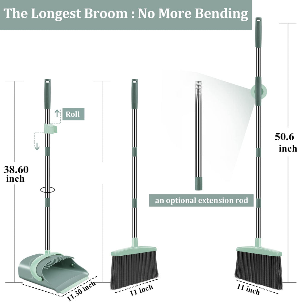 Ivandar Broom and Dustpan Set for Home, Dust pan with Long Handle, Broom with Dustpan Combo Set, for Home Kitchen Room Office Lobby Floor Use Upright Stand Up Sweeping (Gray&Green)