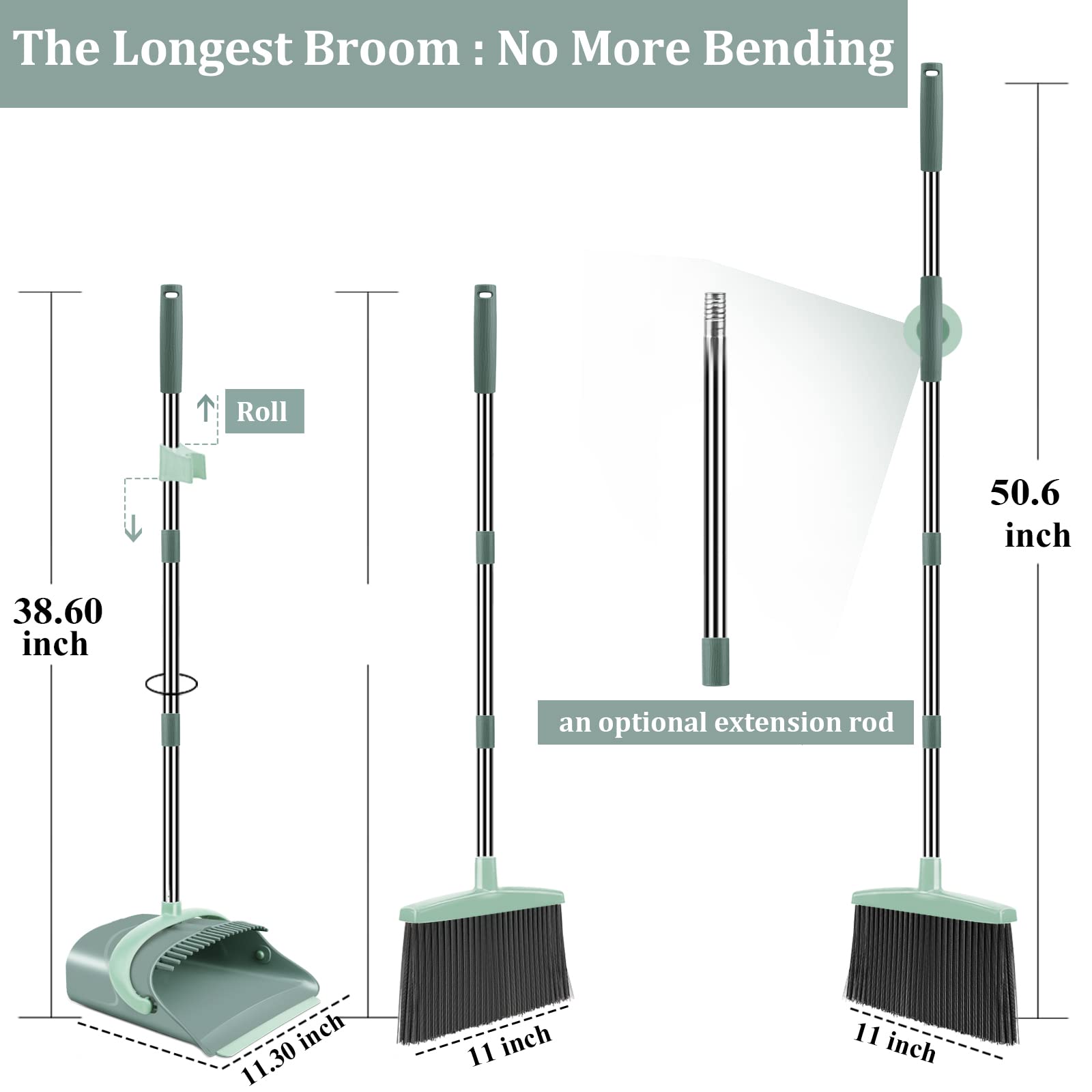 Ivandar Broom and Dustpan Set for Home, Dust pan with Long Handle, Broom with Dustpan Combo Set, for Home Kitchen Room Office Lobby Floor Use Upright Stand Up Sweeping (Gray&Green)