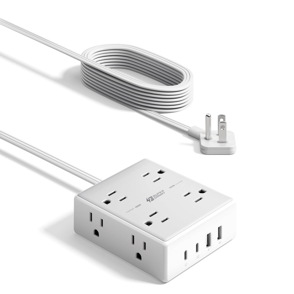 10Ft Extension Cord with Multiple Outlets, Flat Plug Surge Protector Power Strip 10 Ft Long Cord, 8 Outlets & 4 USB Ports (2 USB C), Desk Charging Station for Home Office, College Dorm Room Essentials