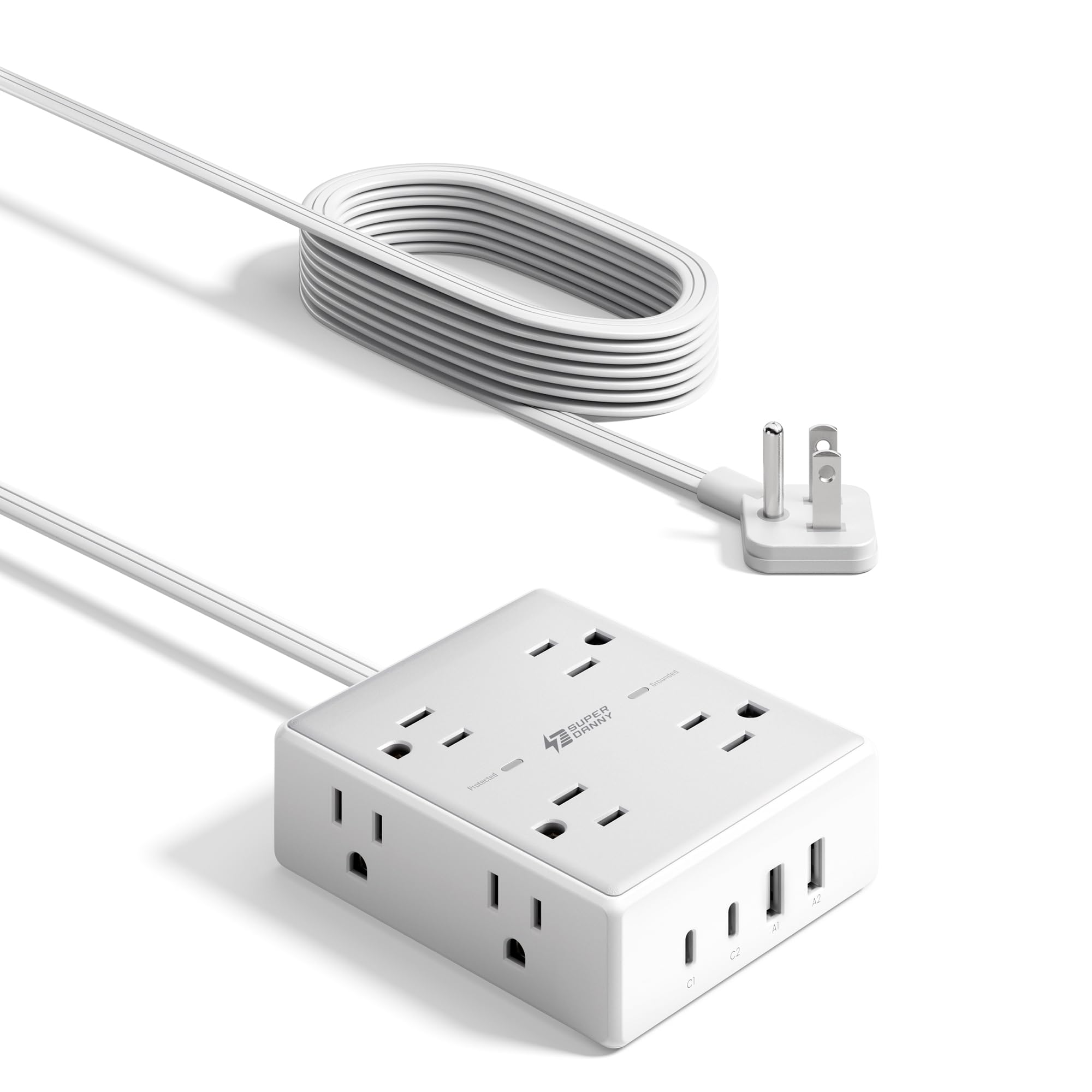 10Ft Extension Cord with Multiple Outlets, Flat Plug Surge Protector Power Strip 10 Ft Long Cord, 8 Outlets & 4 USB Ports (2 USB C), Desk Charging Station for Home Office, College Dorm Room Essentials