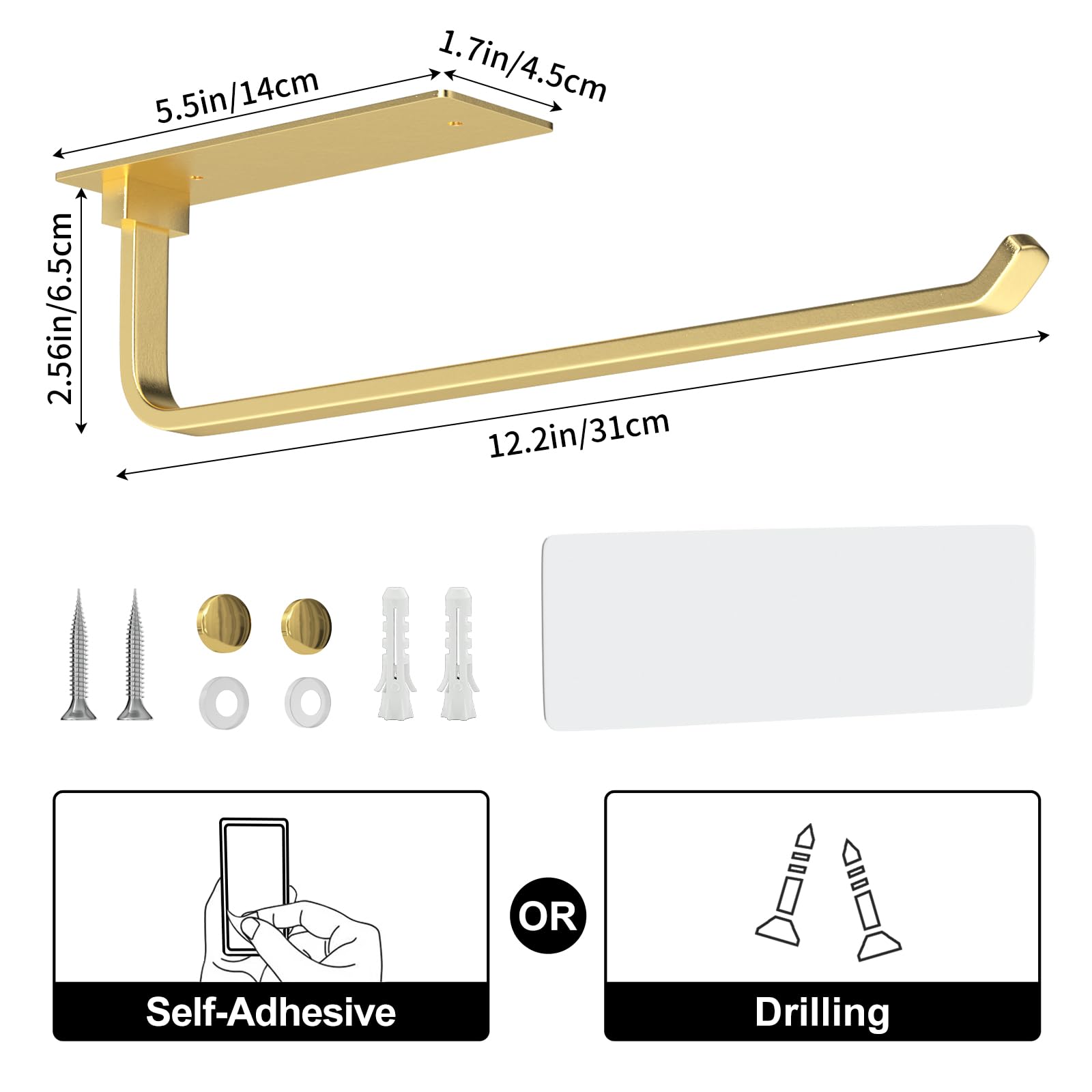 Paper Towel Holder - Self-Adhesive or Drilling, White, Upgraded Aluminum Kitchen Roll Dispenser Under Cabinet, Lighter but Stronger Than Stainless Steel!