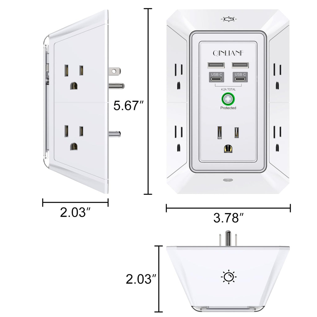 Wall Charger, Surge Protector, QINLIANF 5 Outlet Extender with 4 USB Charging Ports, 3-Sided 1680J Power Strip Multi Plug Adapter Spaced for Home Travel Office