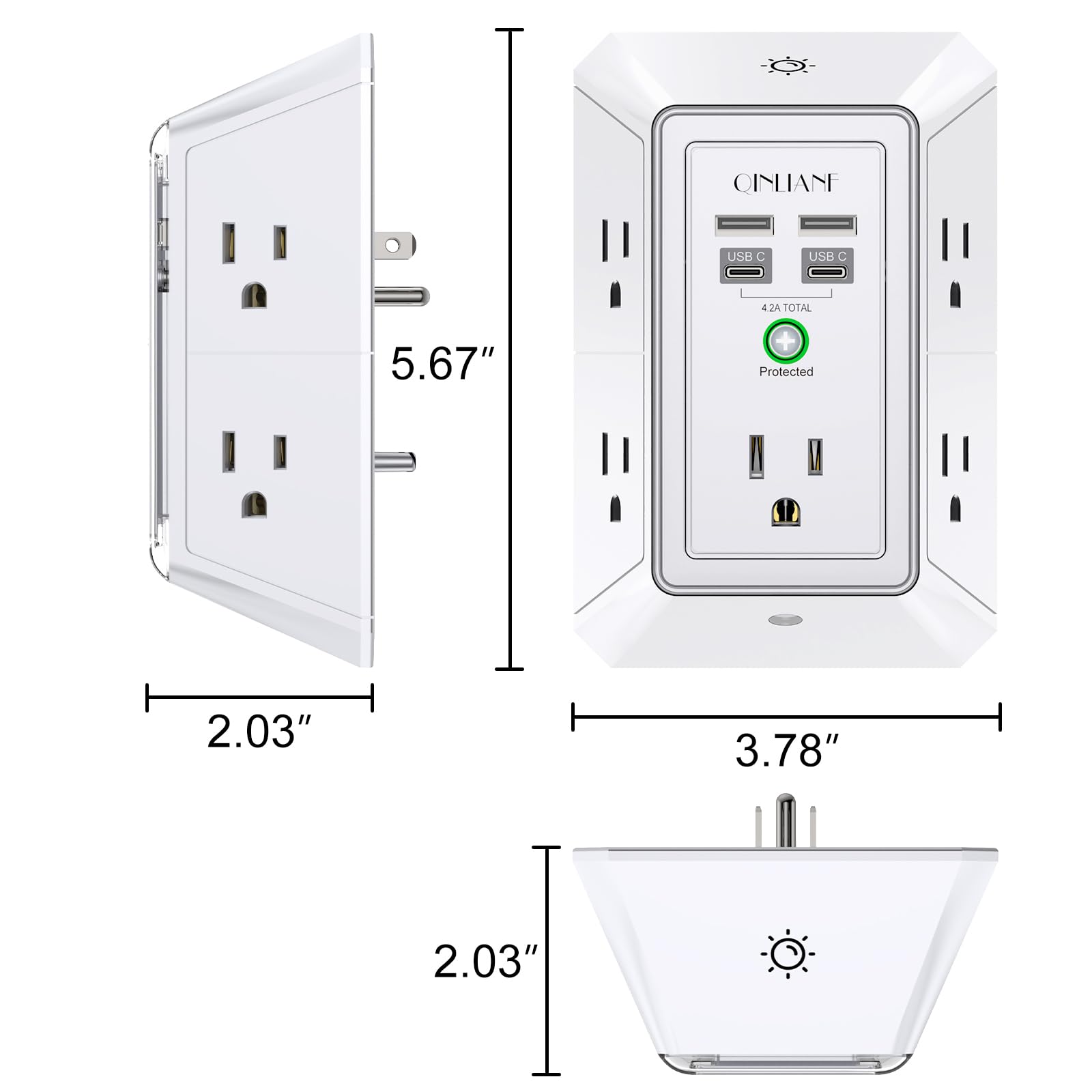 Wall Charger, Surge Protector, QINLIANF 5 Outlet Extender with 4 USB Charging Ports, 3-Sided 1680J Power Strip Multi Plug Adapter Spaced for Home Travel Office