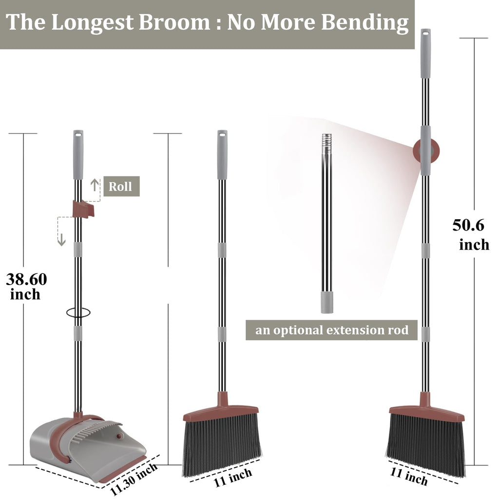 Ivandar Broom and Dustpan Set for Home, Dust pan with Long Handle, Broom with Dustpan Combo Set, for Home Kitchen Room Office Lobby Floor Use Upright Stand Up Sweeping (Gray&Green)