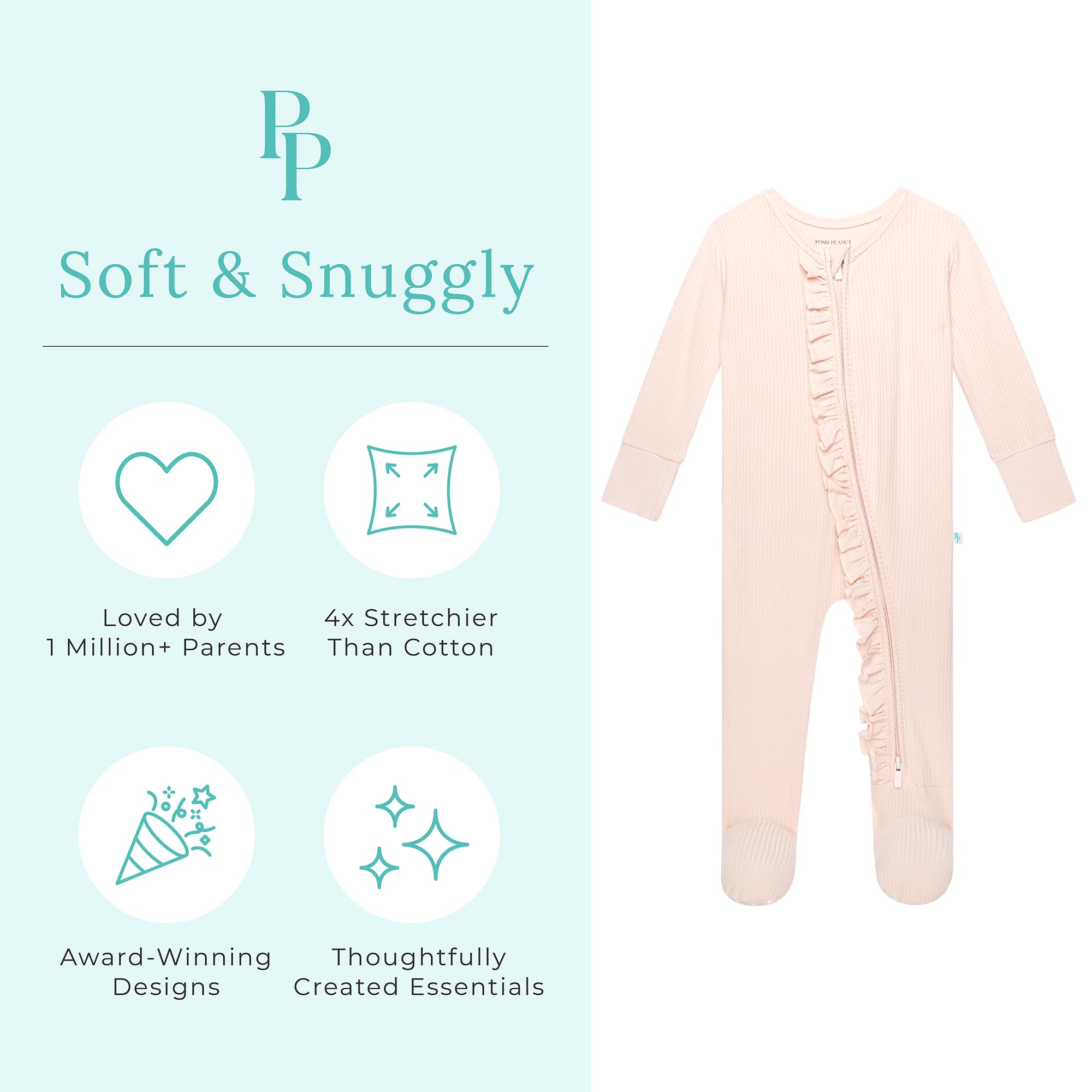 Posh Peanut Footie Pajamas for Baby Girls – Sleepers in Ultra-Soft Viscose from Bamboo with 2-Way Zipper & Ruffle Trim