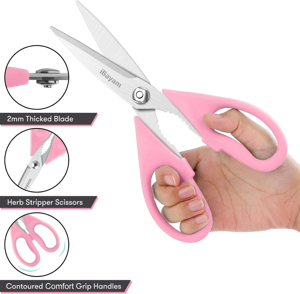 iBayam Kitchen Scissors All Purpose Heavy Duty 2 Pack with Protective Sheath, Stainless Steel Shears Kitchen Utensils Set for Cutting Food Cooking Meat Poultry Dishwasher Safe Soft Comfort-Grip