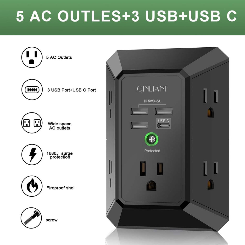 Wall Charger, Surge Protector, QINLIANF 5 Outlet Extender with 4 USB Charging Ports, 3-Sided 1680J Power Strip Multi Plug Adapter Spaced for Home Travel Office