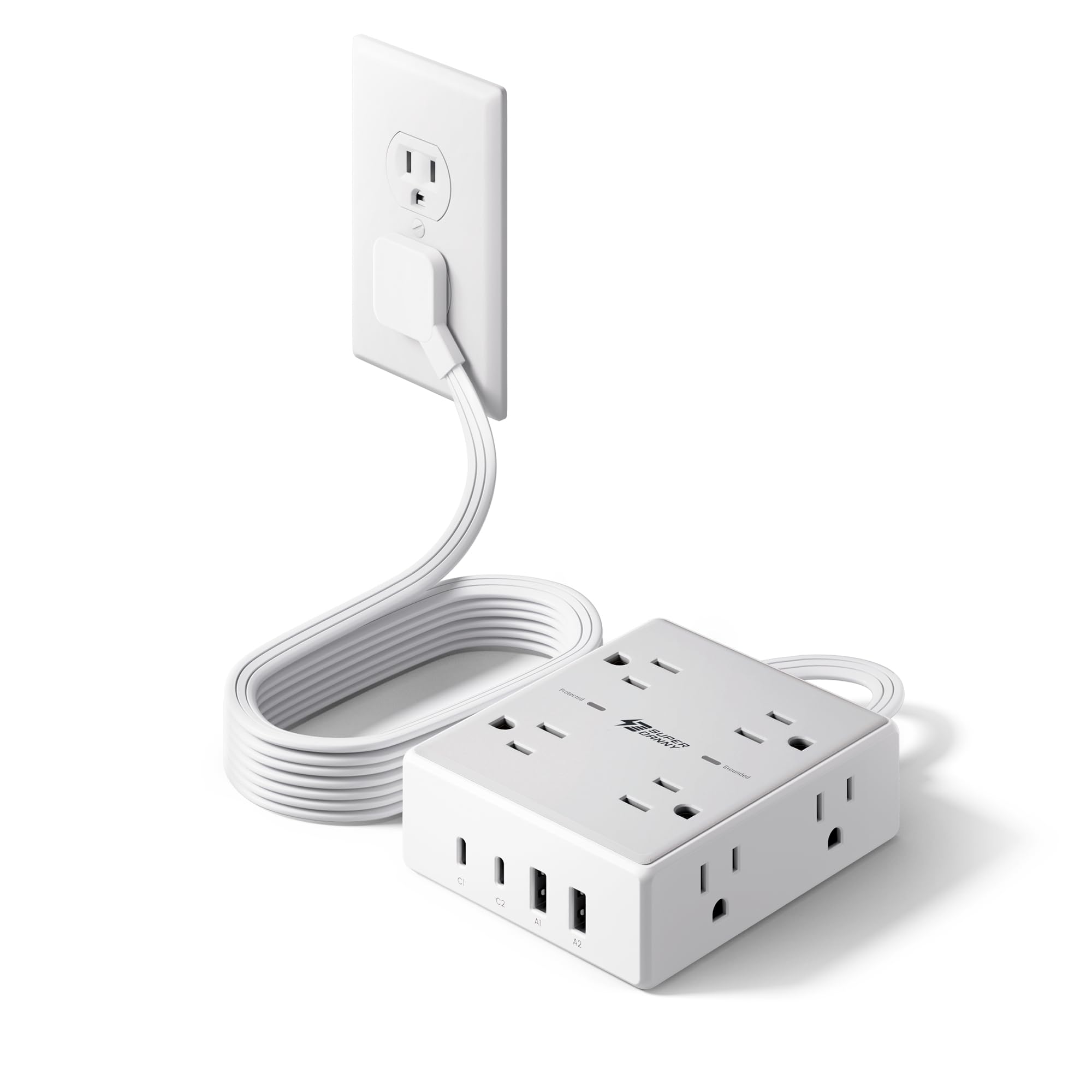 10Ft Extension Cord with Multiple Outlets, Flat Plug Surge Protector Power Strip 10 Ft Long Cord, 8 Outlets & 4 USB Ports (2 USB C), Desk Charging Station for Home Office, College Dorm Room Essentials