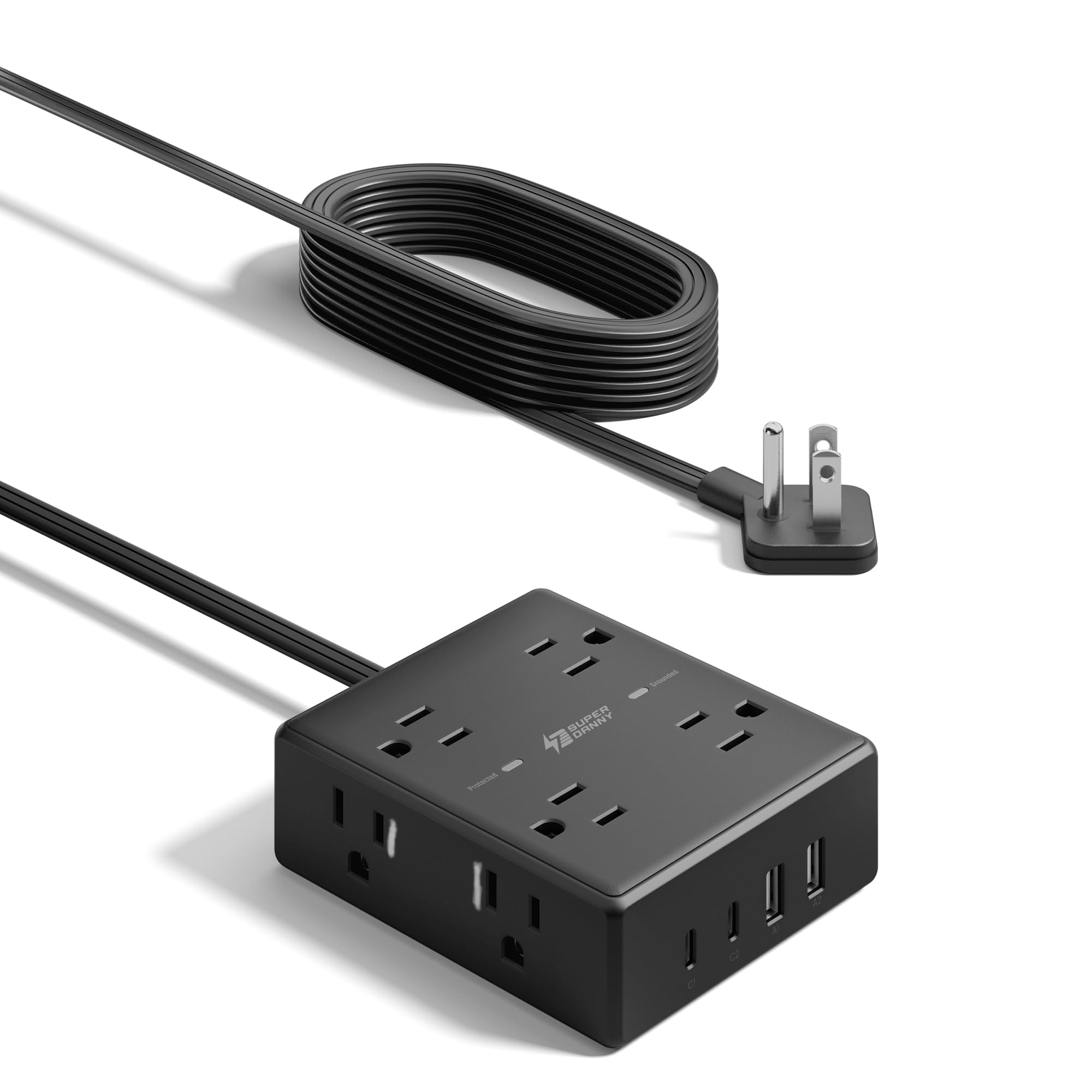 10Ft Extension Cord with Multiple Outlets, Flat Plug Surge Protector Power Strip 10 Ft Long Cord, 8 Outlets & 4 USB Ports (2 USB C), Desk Charging Station for Home Office, College Dorm Room Essentials