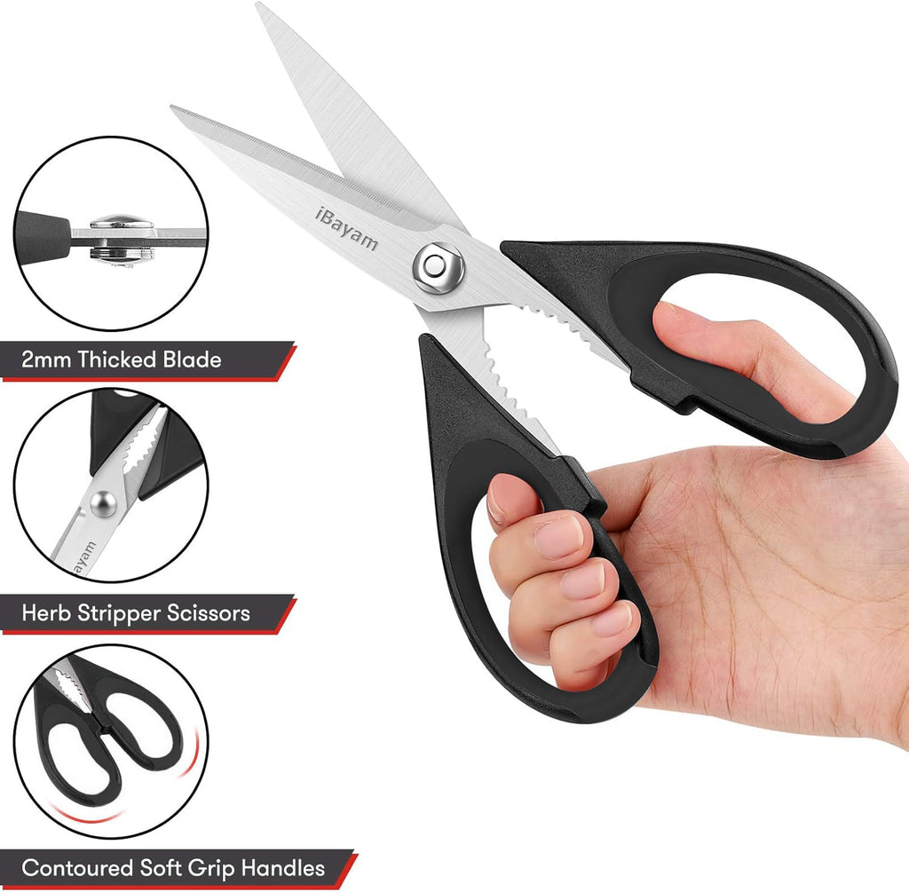 iBayam Kitchen Scissors All Purpose Heavy Duty 2 Pack with Protective Sheath, Stainless Steel Shears Kitchen Utensils Set for Cutting Food Cooking Meat Poultry Dishwasher Safe Soft Comfort-Grip