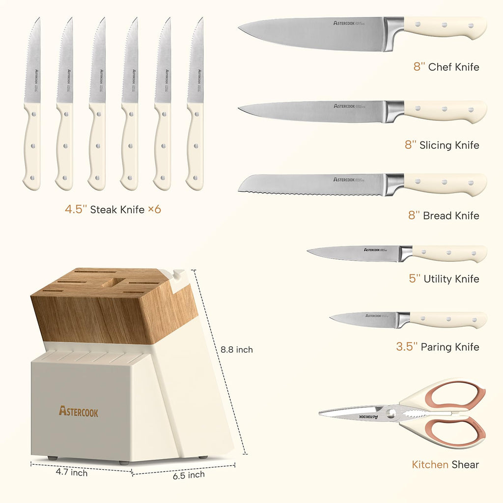 Knife Set,Astercook Kitchen Knife Set with Block 14-Piece Full Tang Stainless Steel Knives with Sharpener Dishwasher Safe and Anti-Slip Ergonomic Handle Utensils Set
