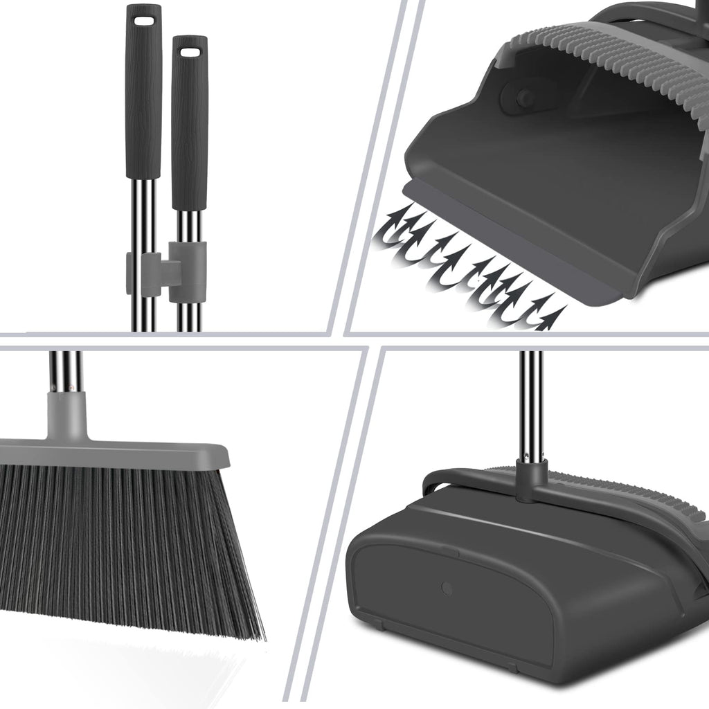 Upgrade Broom and Dustpan Set, Self-Cleaning with Dustpan Teeth, Indoor&Outdoor Sweeping, Ideal for Dog Cat Pets Home Use, Stand Up Broom and Dustpan (Gray&Orange)
