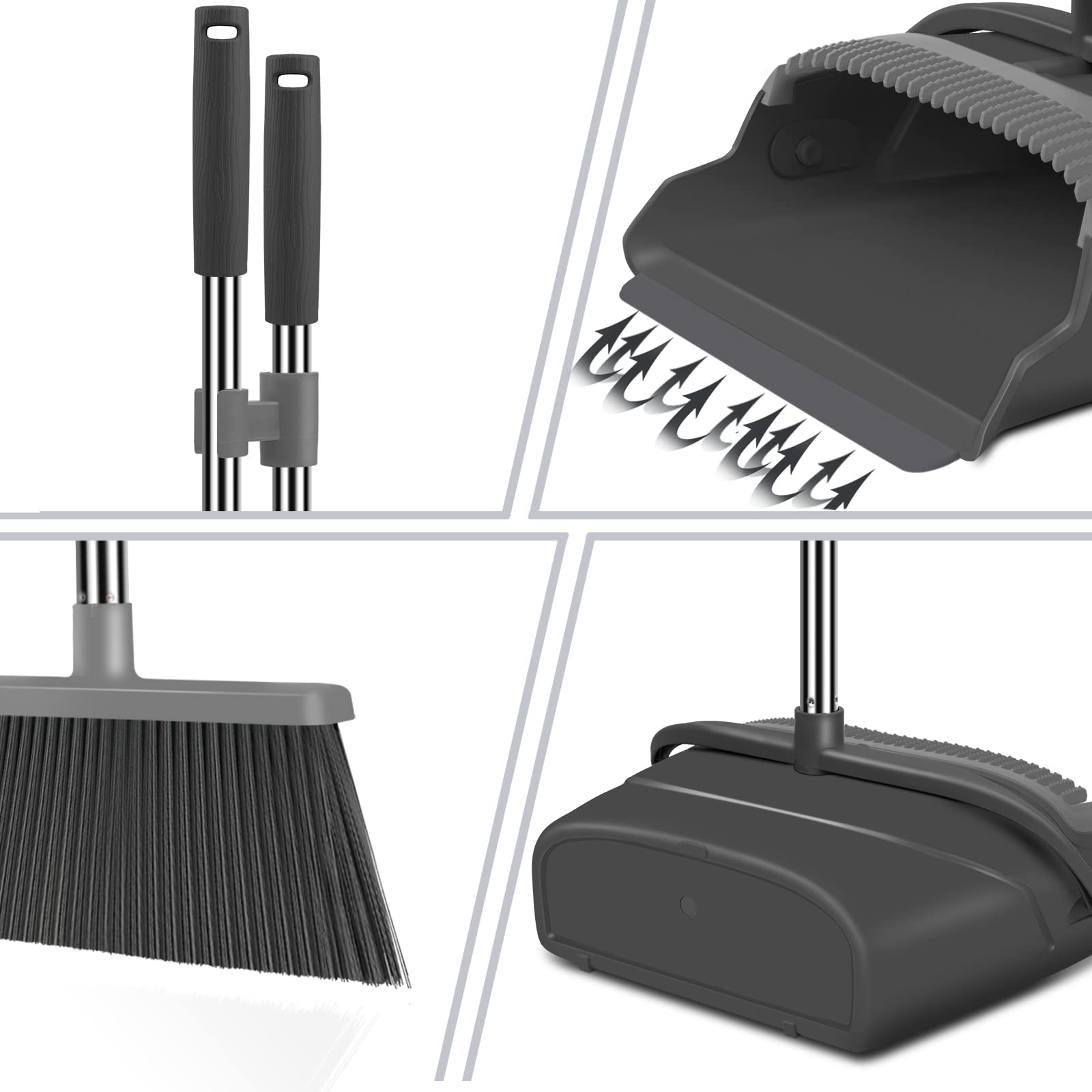 Upgrade Broom and Dustpan Set, Self-Cleaning with Dustpan Teeth, Indoor&Outdoor Sweeping, Ideal for Dog Cat Pets Home Use, Stand Up Broom and Dustpan (Gray&Orange)