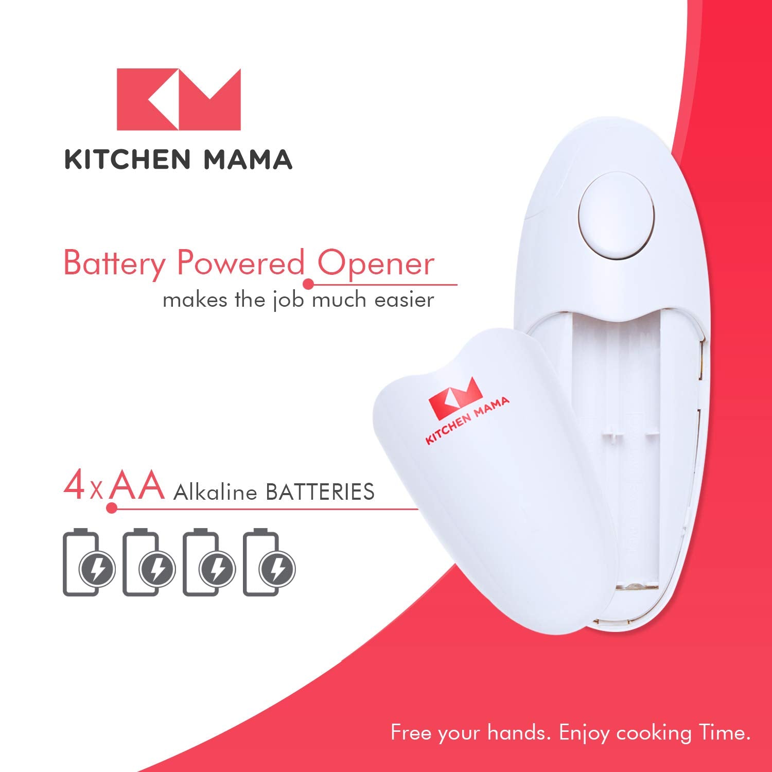 Kitchen Mama Auto Electric Can Opener: Open Your Cans with A Simple Press of Button - Automatic, Hands Free, Smooth Edge, Battery Operated, YES YOU CAN (Red)