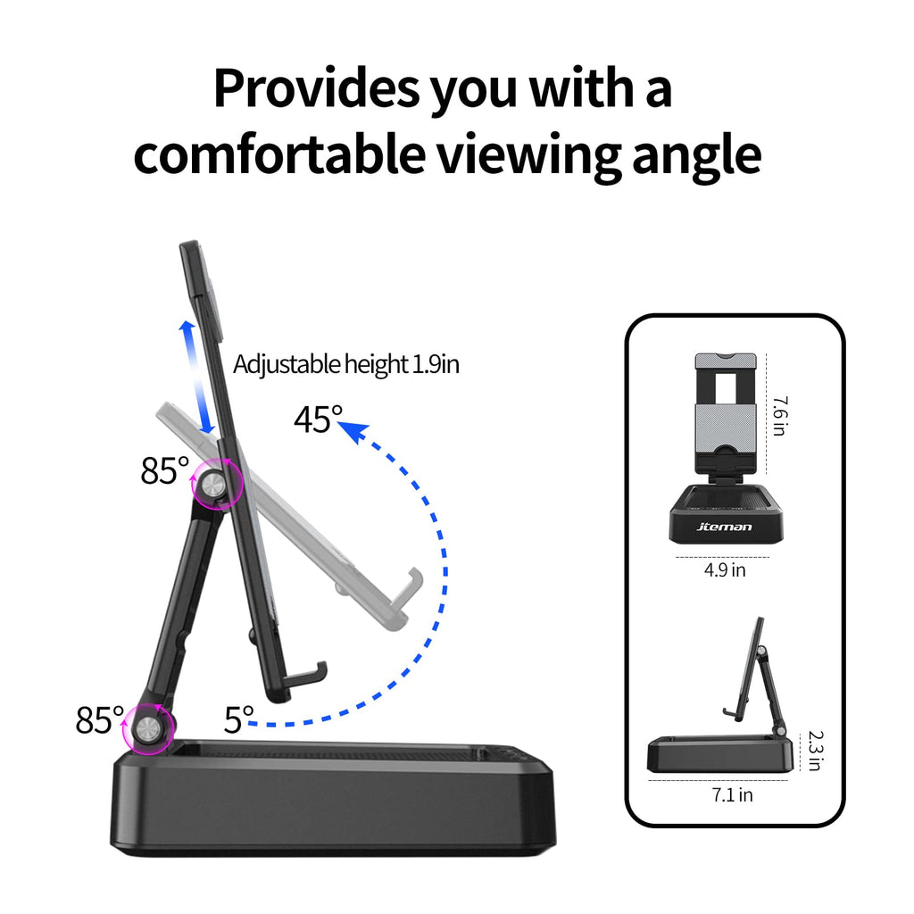 JTEMAN Cell Phone Stand with Bluetooth Speaker, HD Stereo Sound & Anti-Slip Base, Foldable Adjustable Desktop Phone Holder for Home Office, Cool Tech Gadgets Birthday Gifts for Men Women (Black)