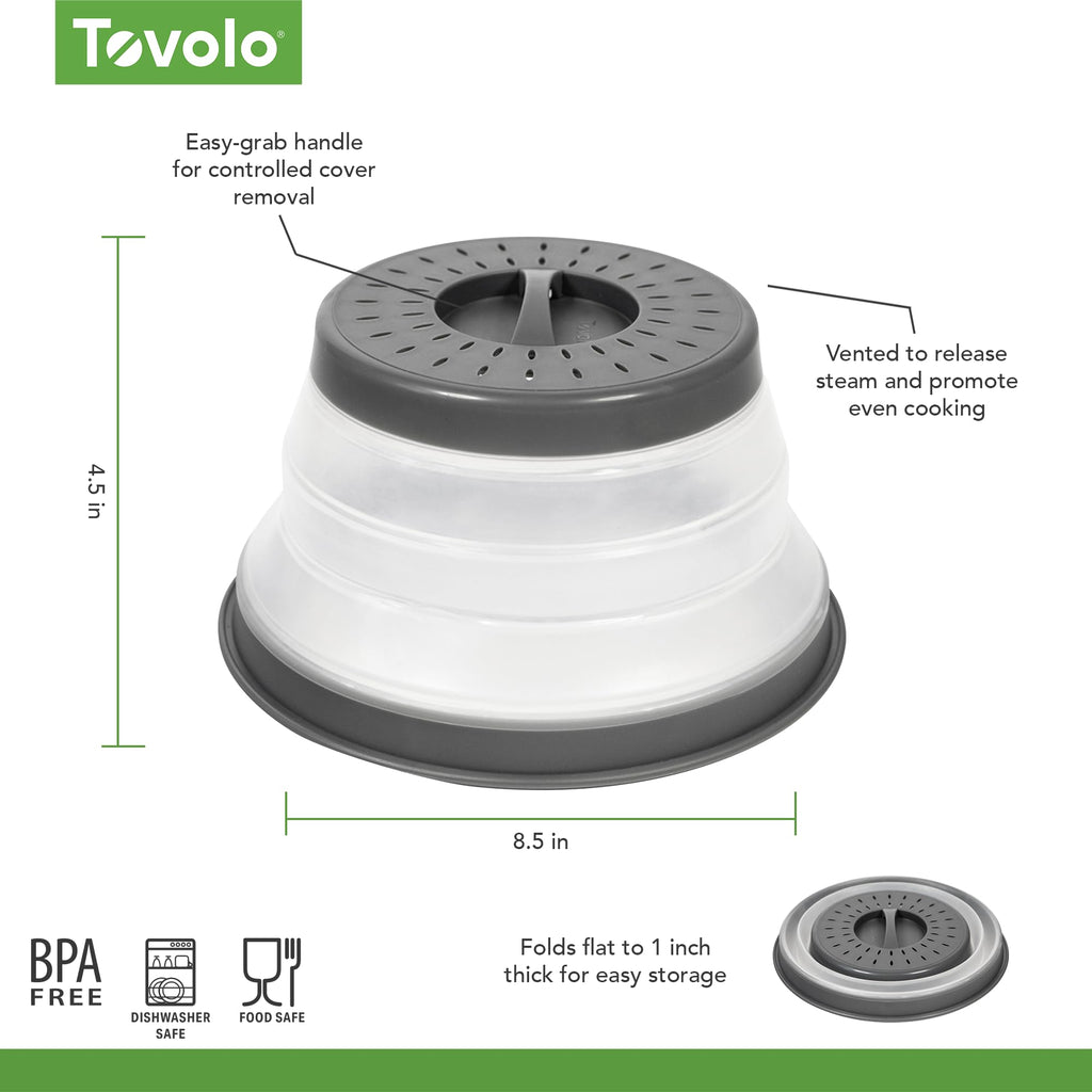 Tovolo Microwave Splatter Cover for Food, Medium (Charcoal) - Collapsible & Vented Silicone Splatter Guard Lid - Microwave Plate & Dish Cover with Handle - BPA-Free Kitchen Gadget for Meal Prep