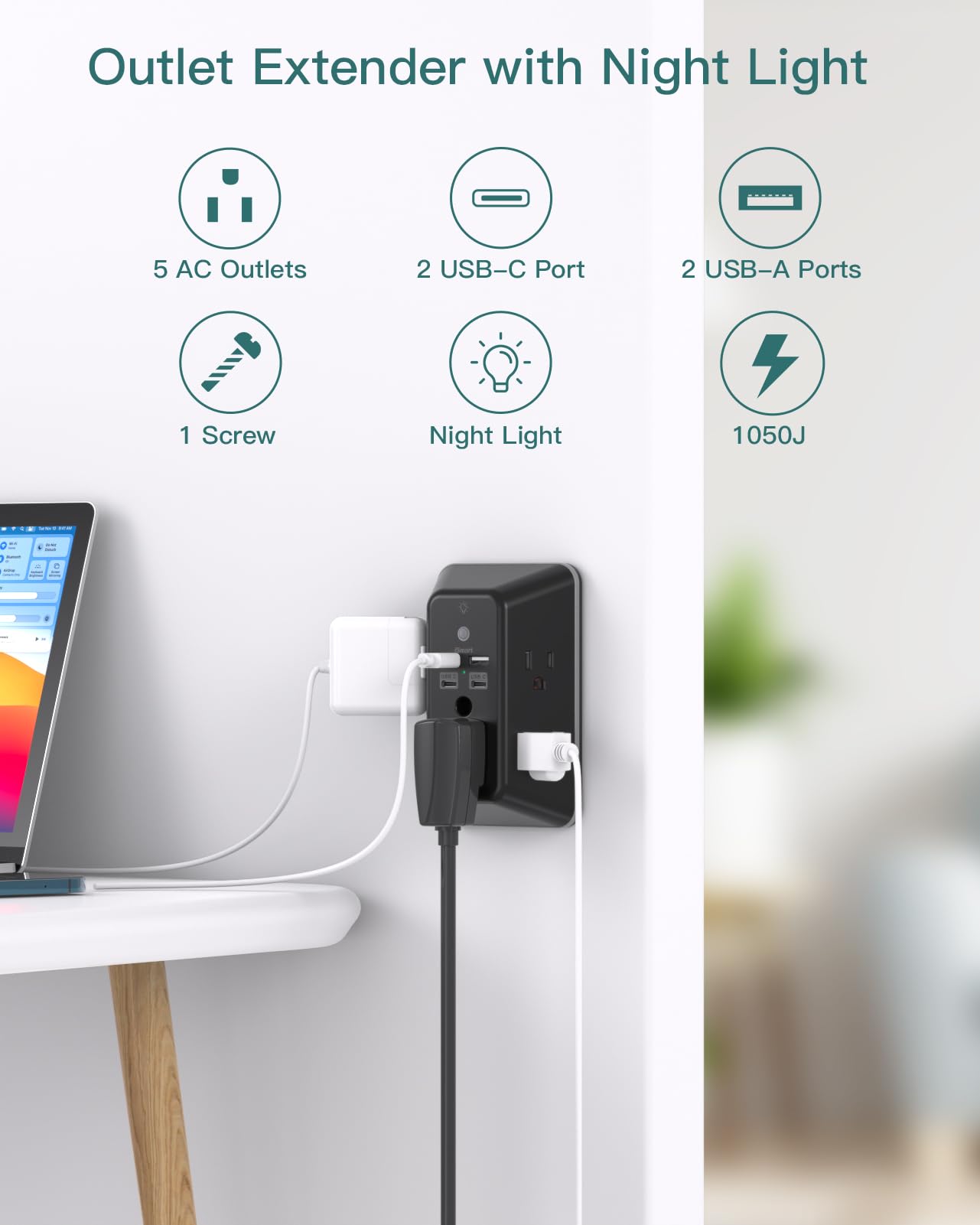 Surge Protector, Outlet Extender with Night Light, Addtam 5-Outlet Splitter and 4 USB Ports(1 USB C), Multi Plug Wall Outlet for Home Office Dorm Room Essentials
