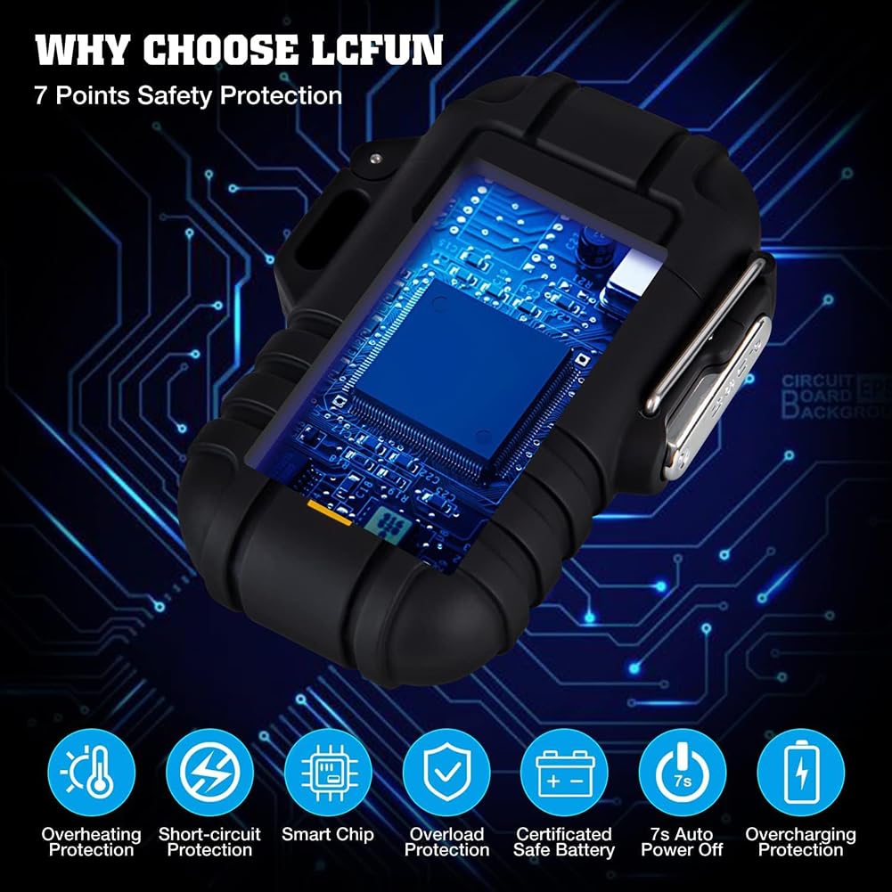 LcFun Electric Dual Arc Lighter USB Rechargeable Outdoor Windproof Flameless Plasma Lighters for Camping, Hiking, Waterproof Matches Survival Tactical Gear Birthday Gifts for Men