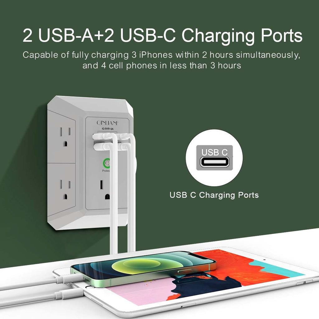 Wall Charger, Surge Protector, QINLIANF 5 Outlet Extender with 4 USB Charging Ports, 3-Sided 1680J Power Strip Multi Plug Adapter Spaced for Home Travel Office